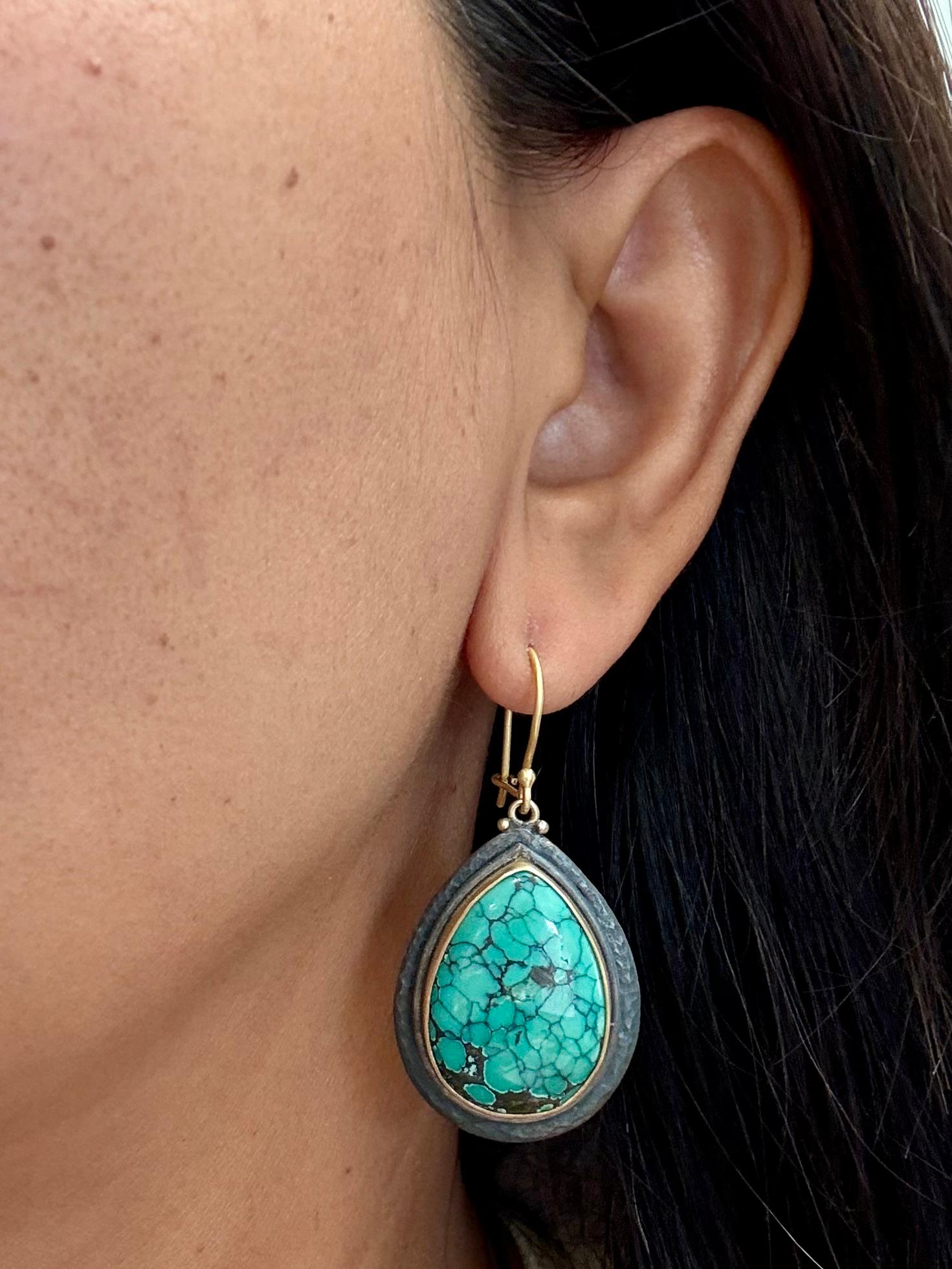 Contemporary Steven Battelle 31.8 Carats Large Turquoise Sterling 18K Gold Wire Earrings For Sale