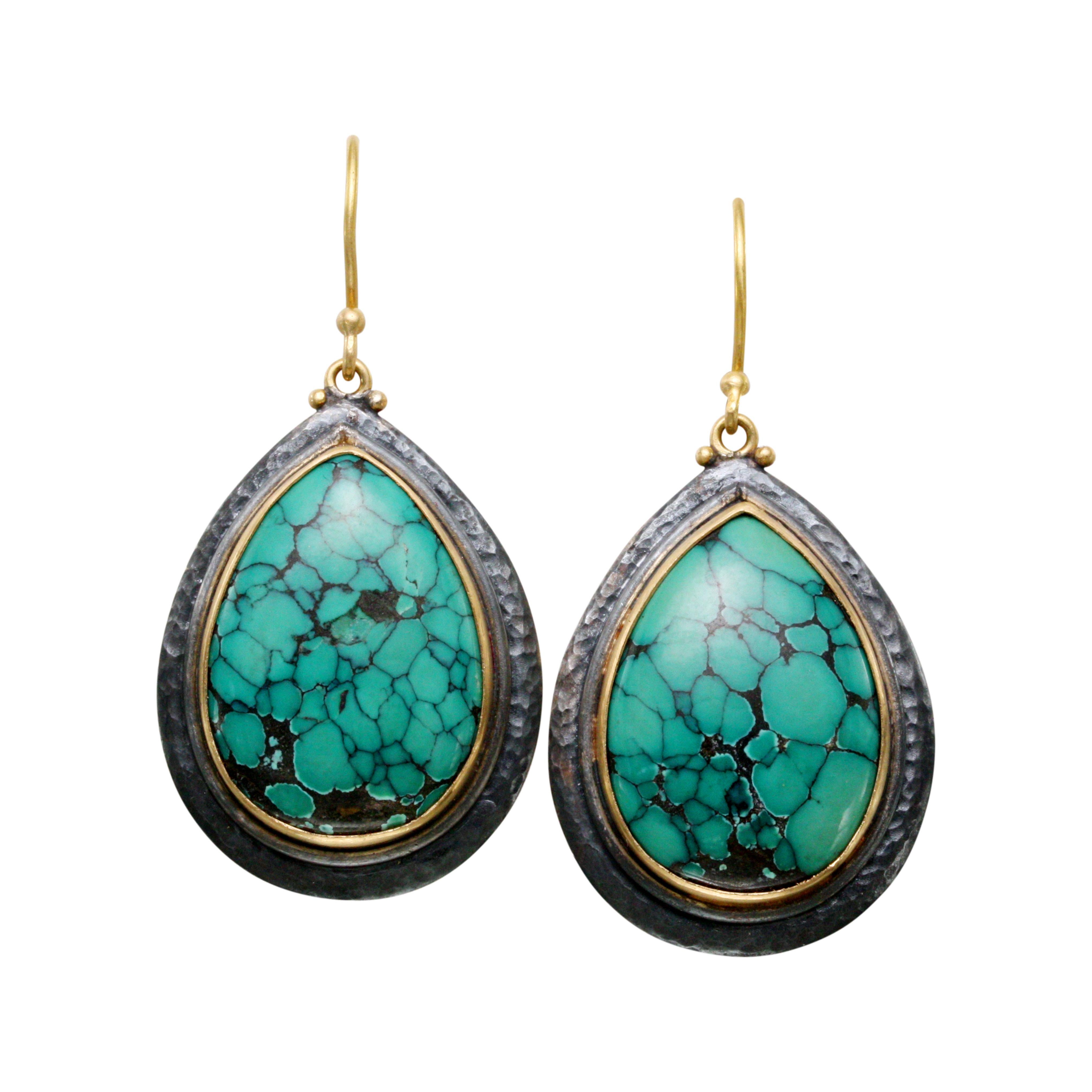 Pear Cut Steven Battelle 31.8 Carats Large Turquoise Sterling 18K Gold Wire Earrings For Sale