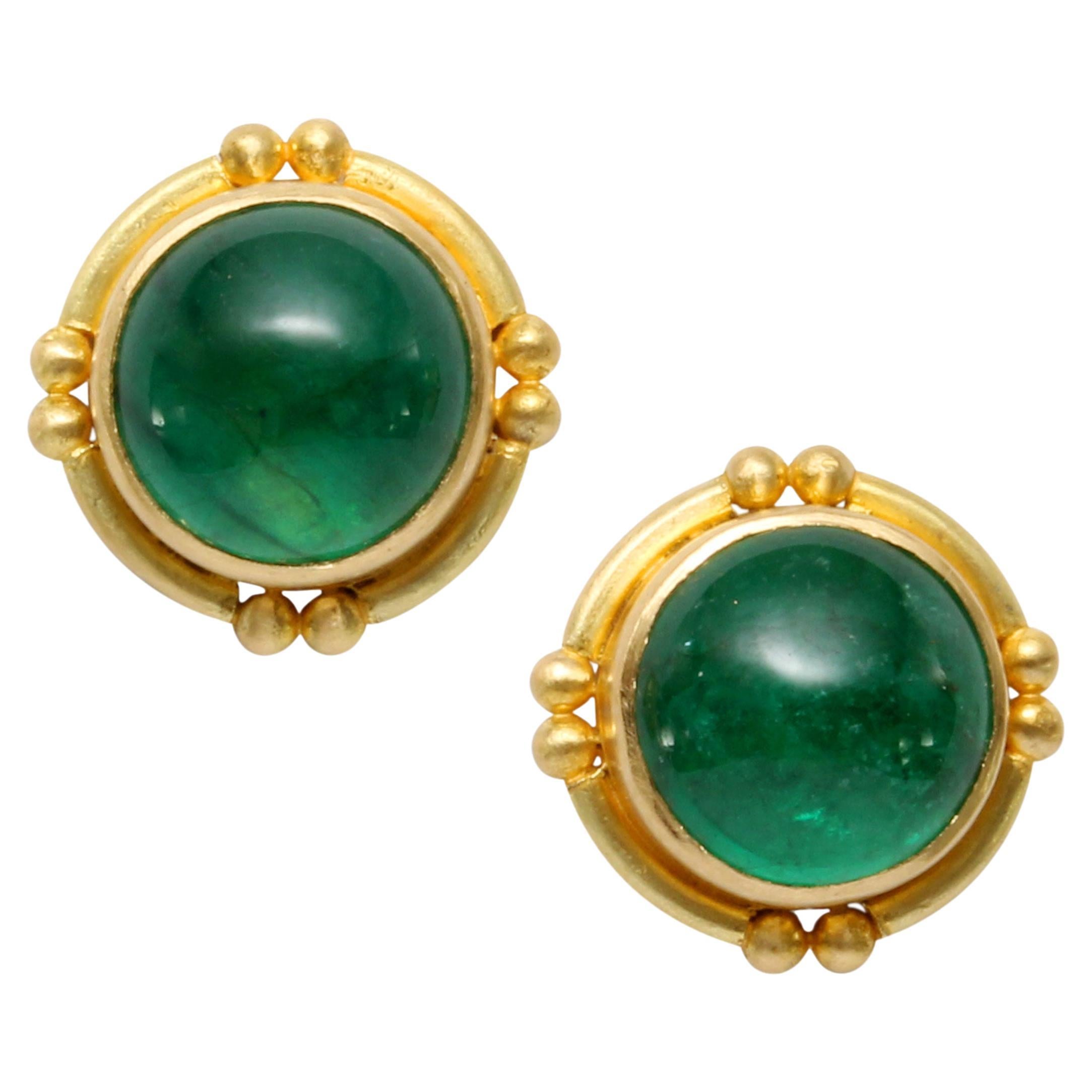 Steven Battelle 3.2 Carats Emerald Cabochon 18K Gold Post Earrings