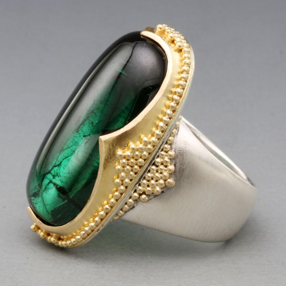 Contemporary Steven Battelle 32.7 Carats Cabochon Green Tourmaline Sterling 18K Gold Ring For Sale
