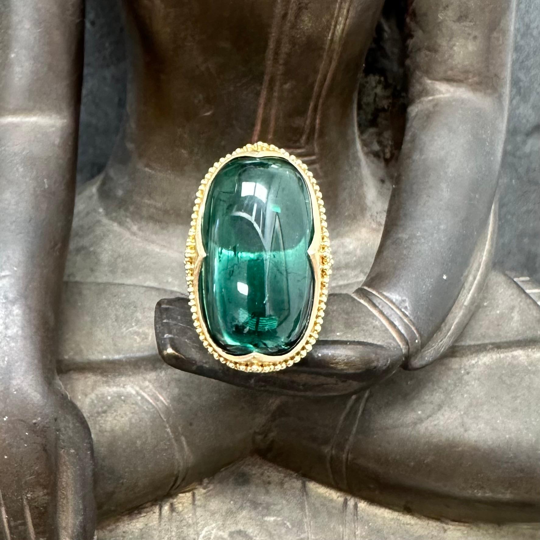 Steven Battelle 32.7 Carats Cabochon Green Tourmaline Sterling 18K Gold Ring In New Condition For Sale In Soquel, CA