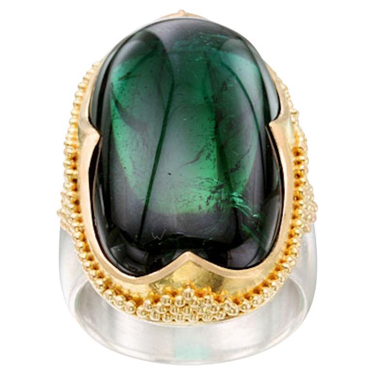 Steven Battelle 32.7 Carats Cabochon Green Tourmaline Sterling 18K Gold Ring