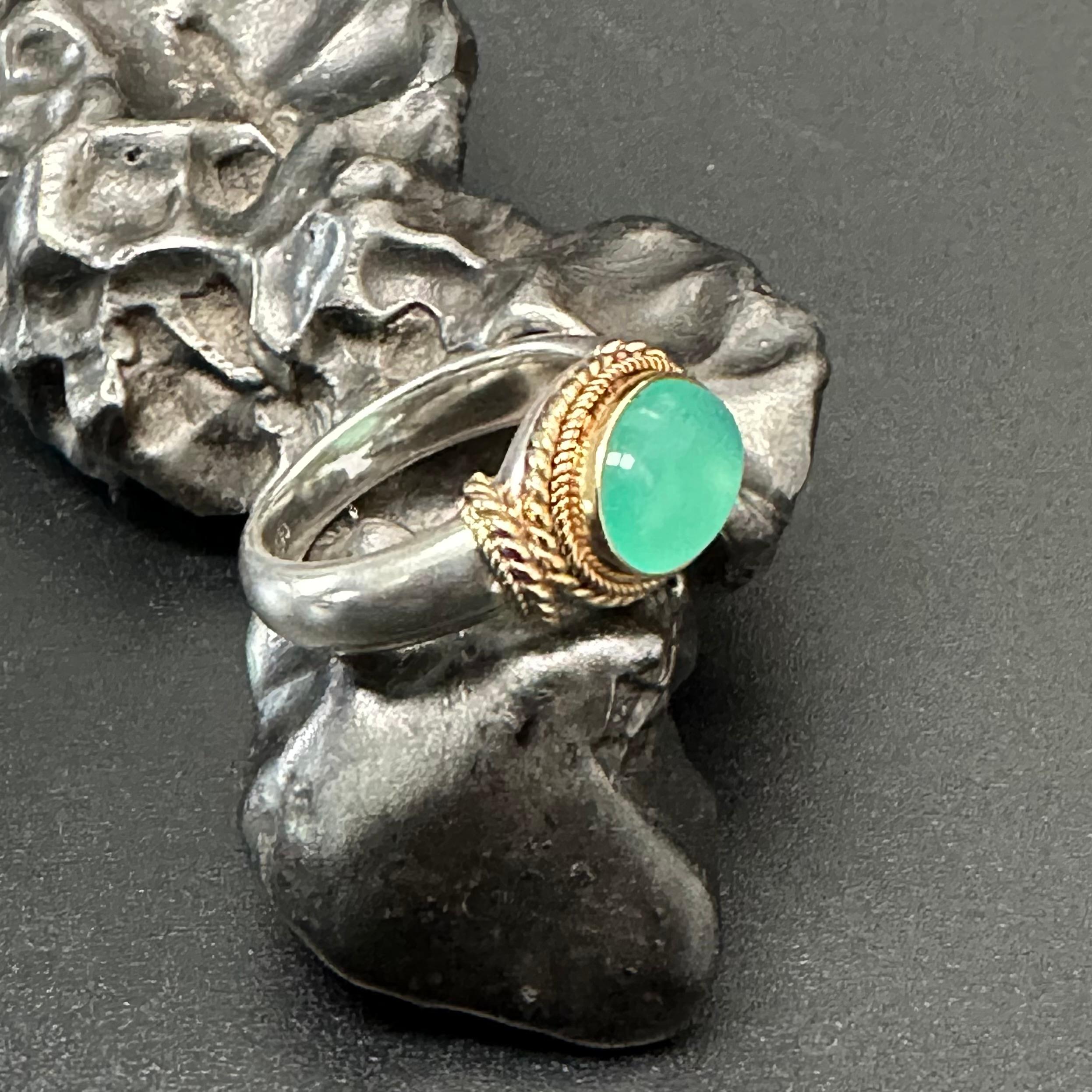 Cabochon Steven Battelle 3.3 Carats Chrysoprase 18K Gold/Silver Ring  For Sale