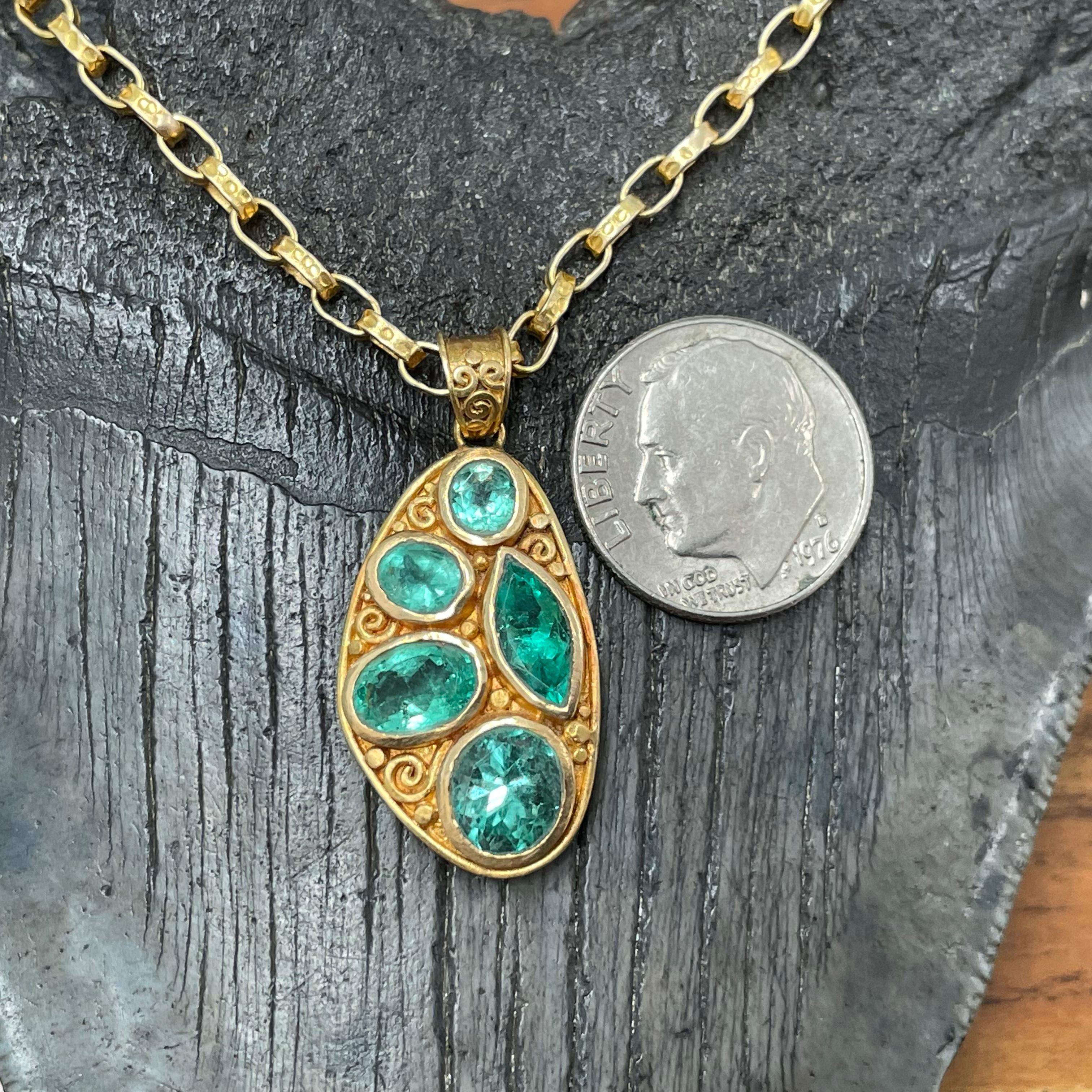 Mixed Cut Steven Battelle 3.3 Carats Multiple Stone Emerald 22K Gold Pendant