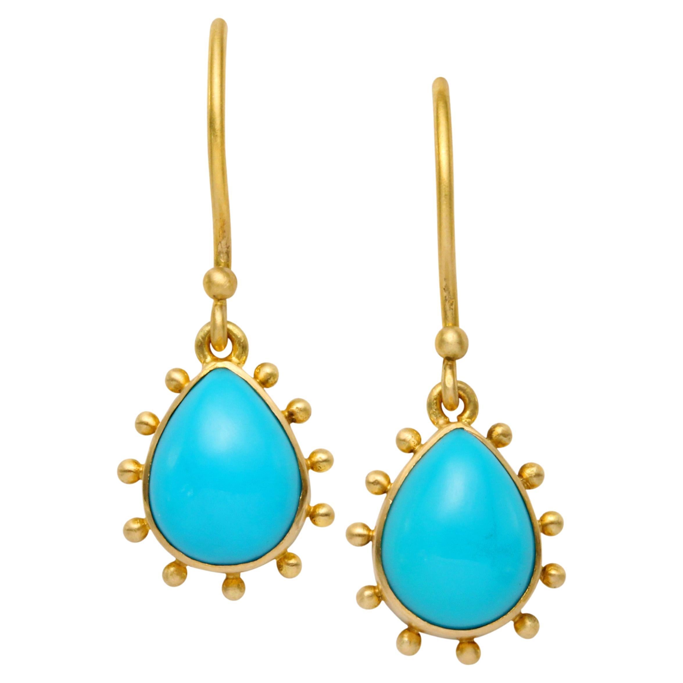 3.3 Carats Sleeping Beauty Turquoise 18k Gold Wire Earrings For Sale