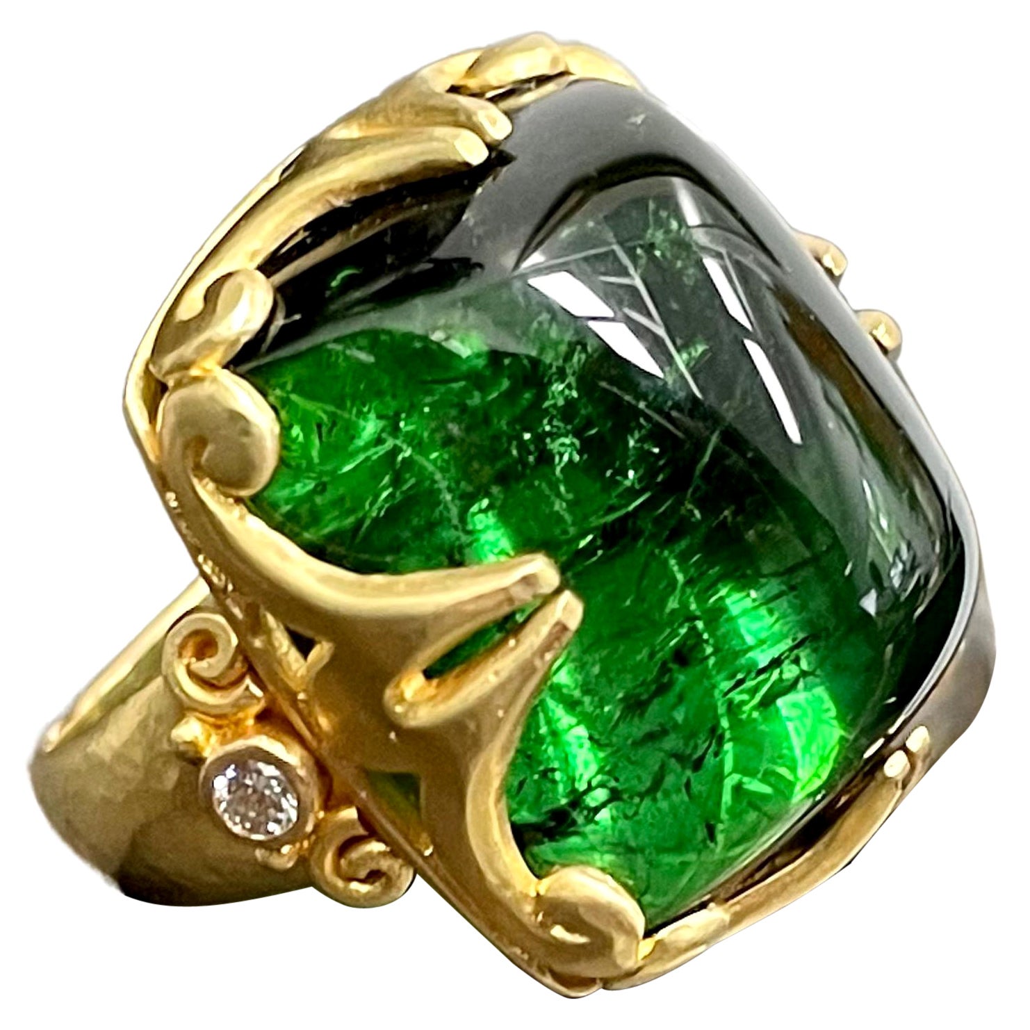 Steven Battelle 34,2 carati di tormalina verde con diamanti, anello in oro 18 carati