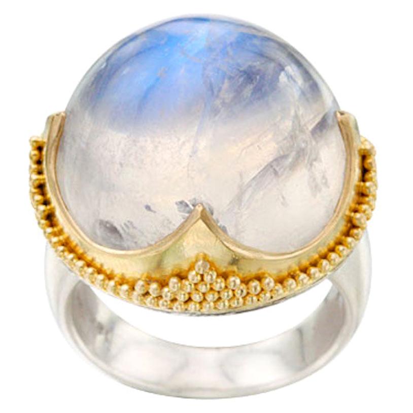 Steven Battelle 34.3 Carat Rainbow Moonstone Silver 18K Gold Ring