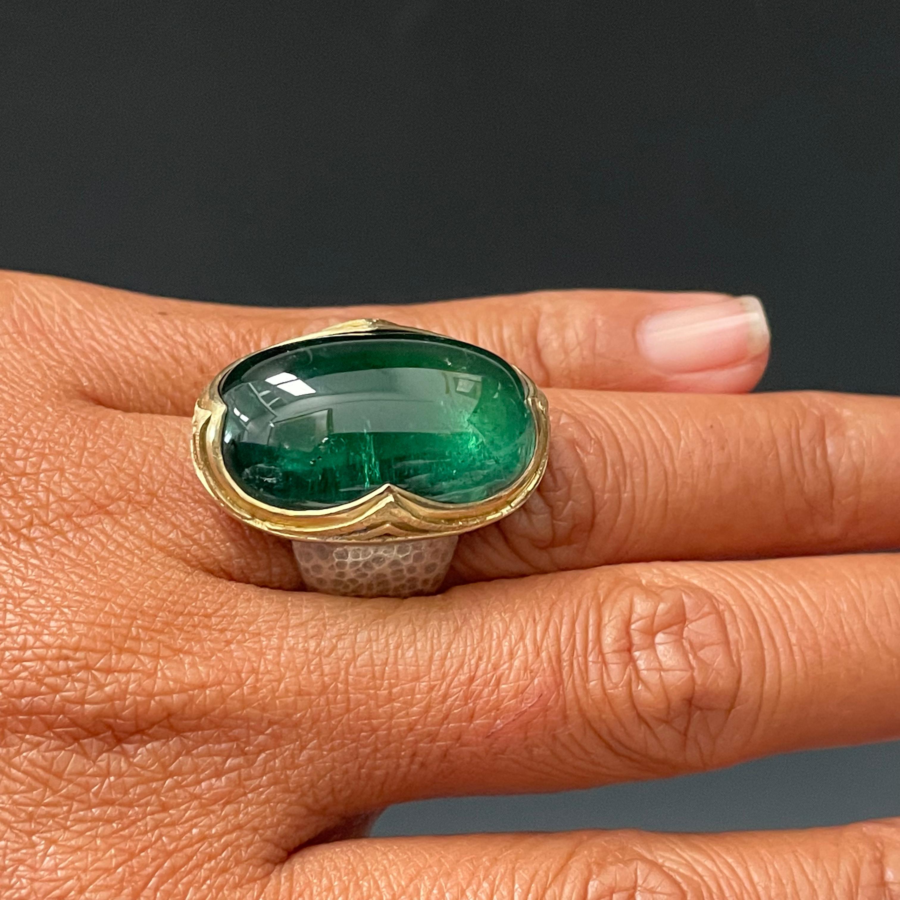 Steven Battelle 34.4 Carat Green Tourmaline Sterling Silver 18K Gold Ring In New Condition For Sale In Soquel, CA