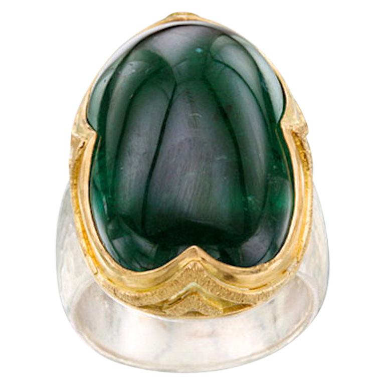 Steven Battelle, bague en argent sterling et or 18 carats avec tourmaline verte de 34,4 carats