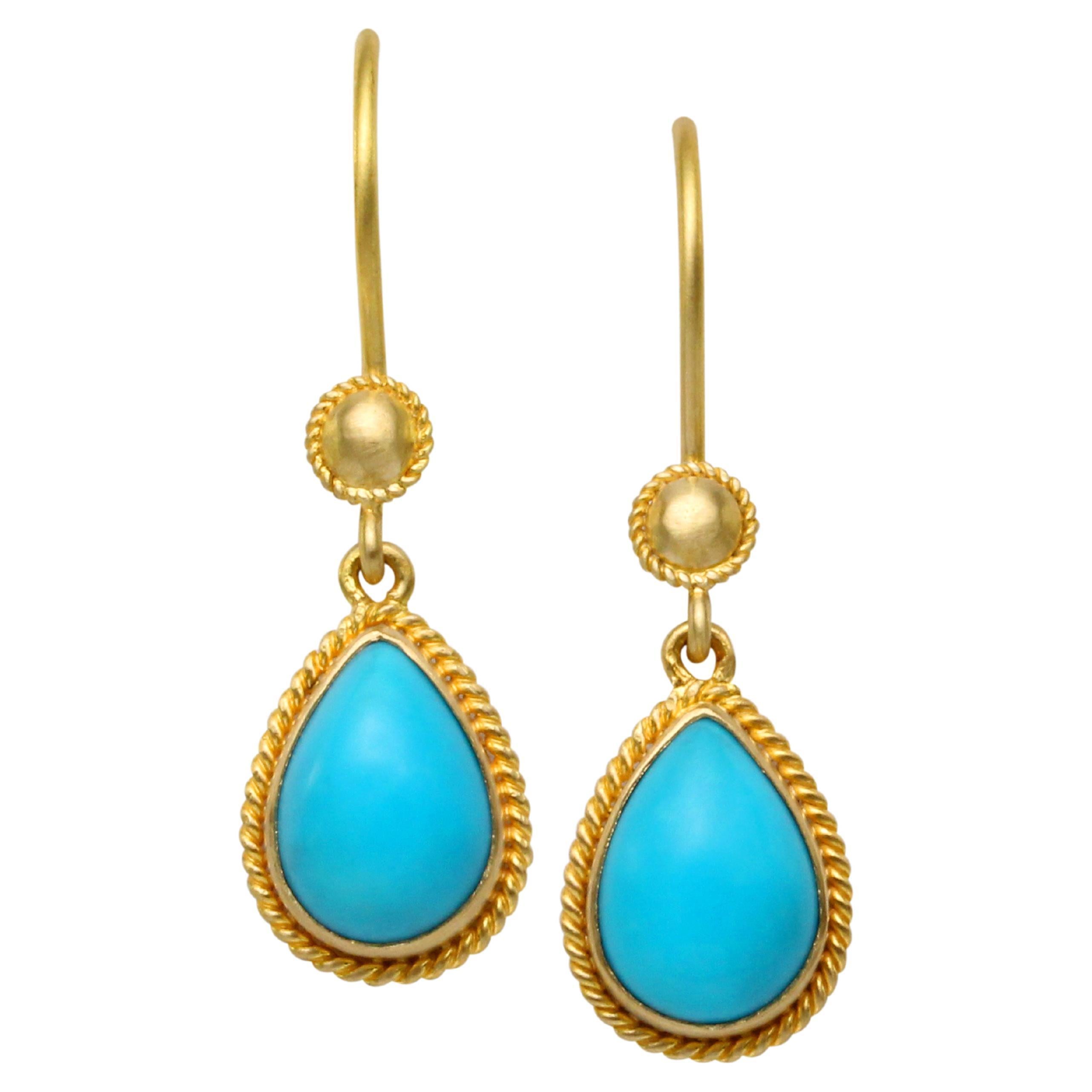 Steven Battelle 3.5 Carats Sleeping Beauty Turquoise 18k Gold Earrings For Sale