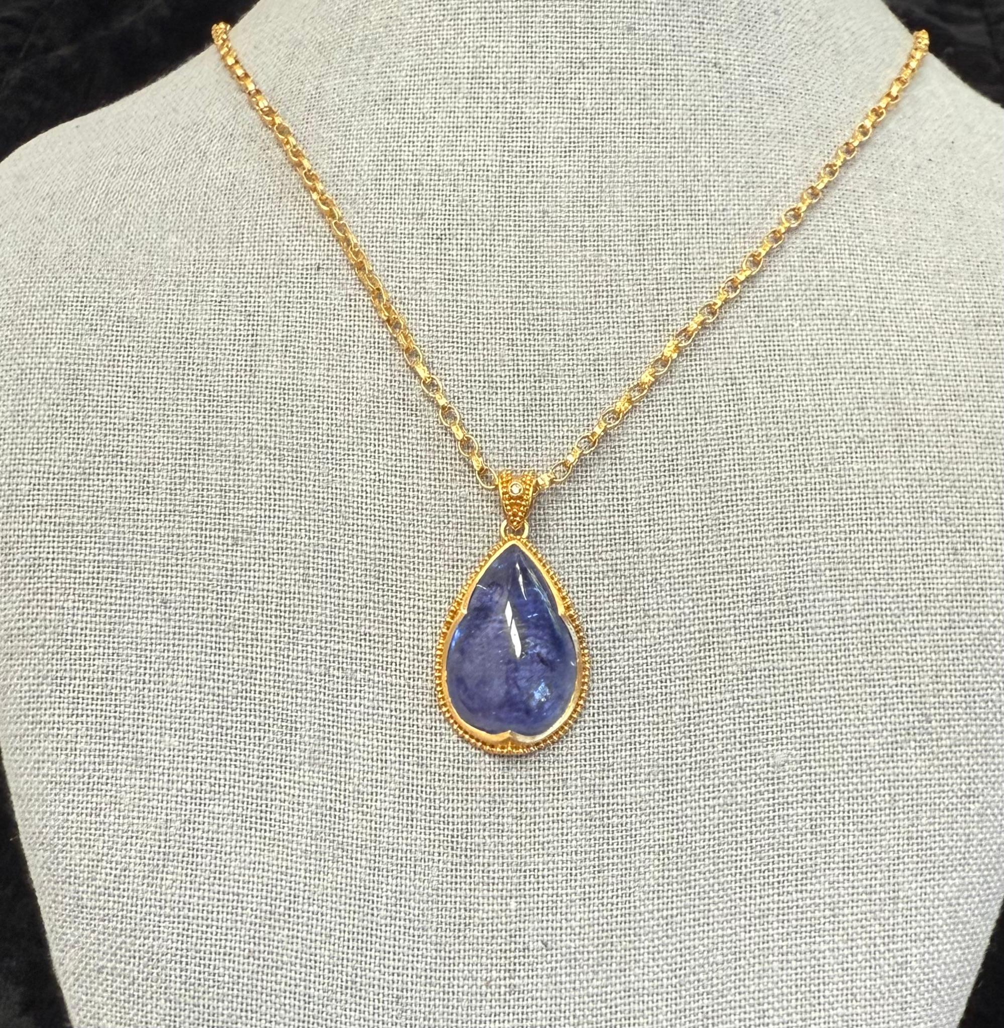 Cabochon Steven Battelle 35.1 Carat Tanzanite Diamond 22K Gold Pendant For Sale