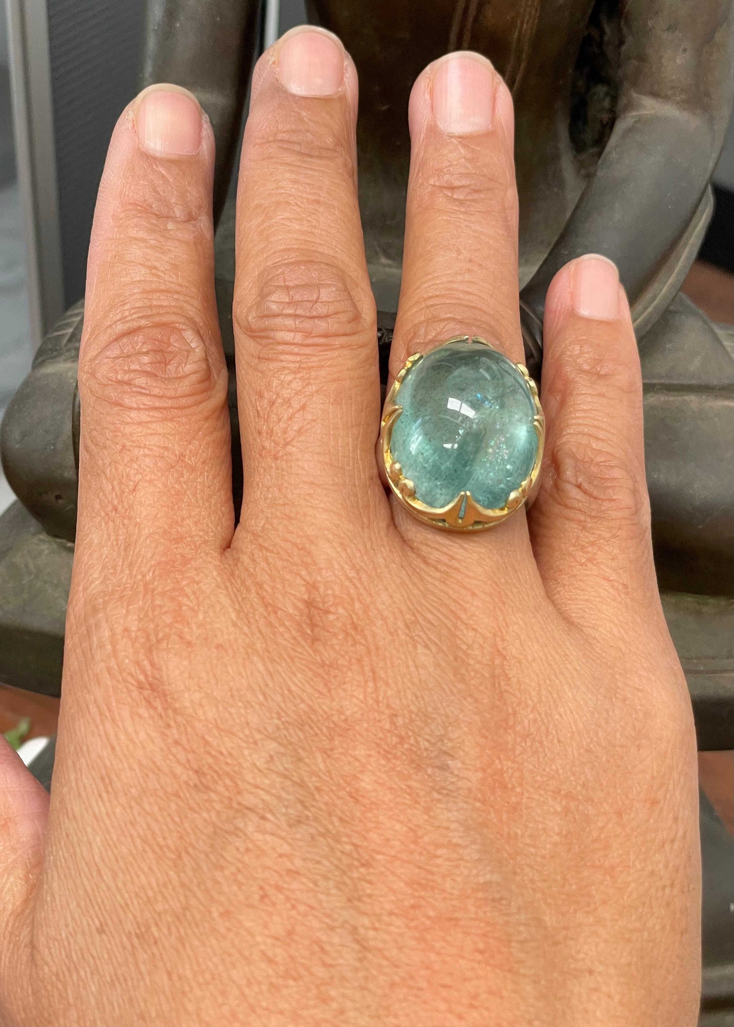 Contemporary 35.3 Carats Cabochon Aquamarine 18k Gold Silver Ring For Sale