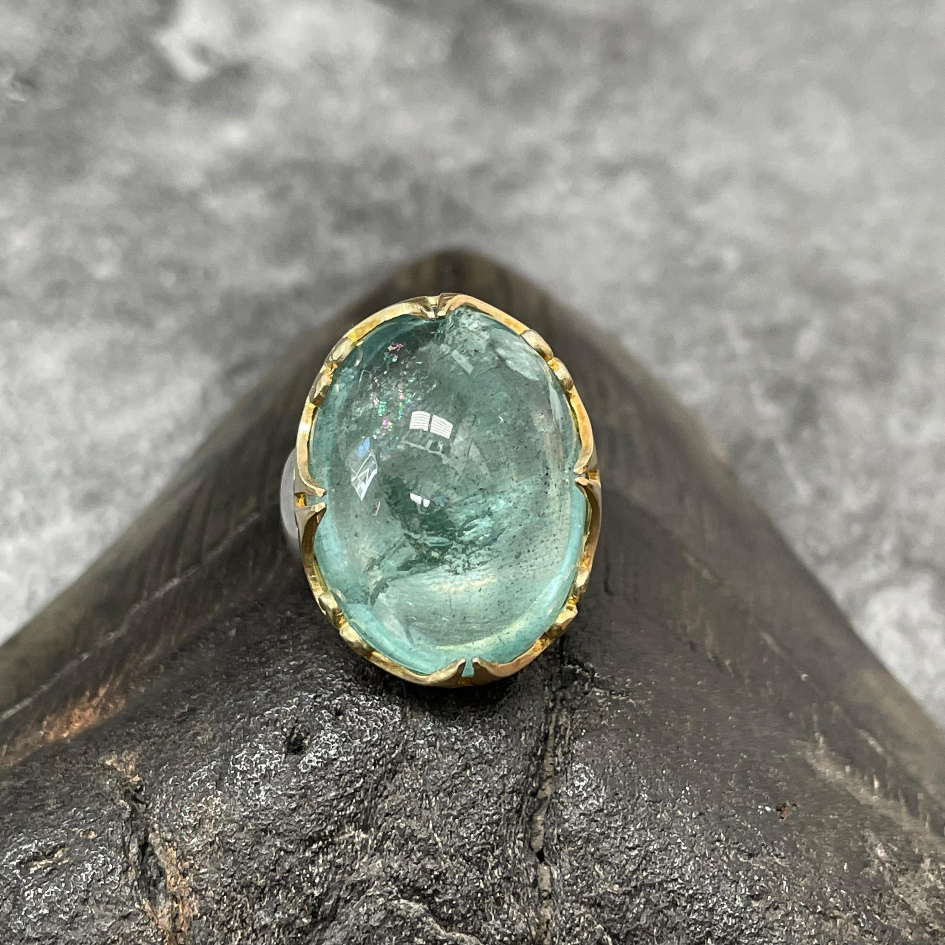 35.3 Carats Cabochon Aquamarine 18k Gold Silver Ring In New Condition For Sale In Soquel, CA