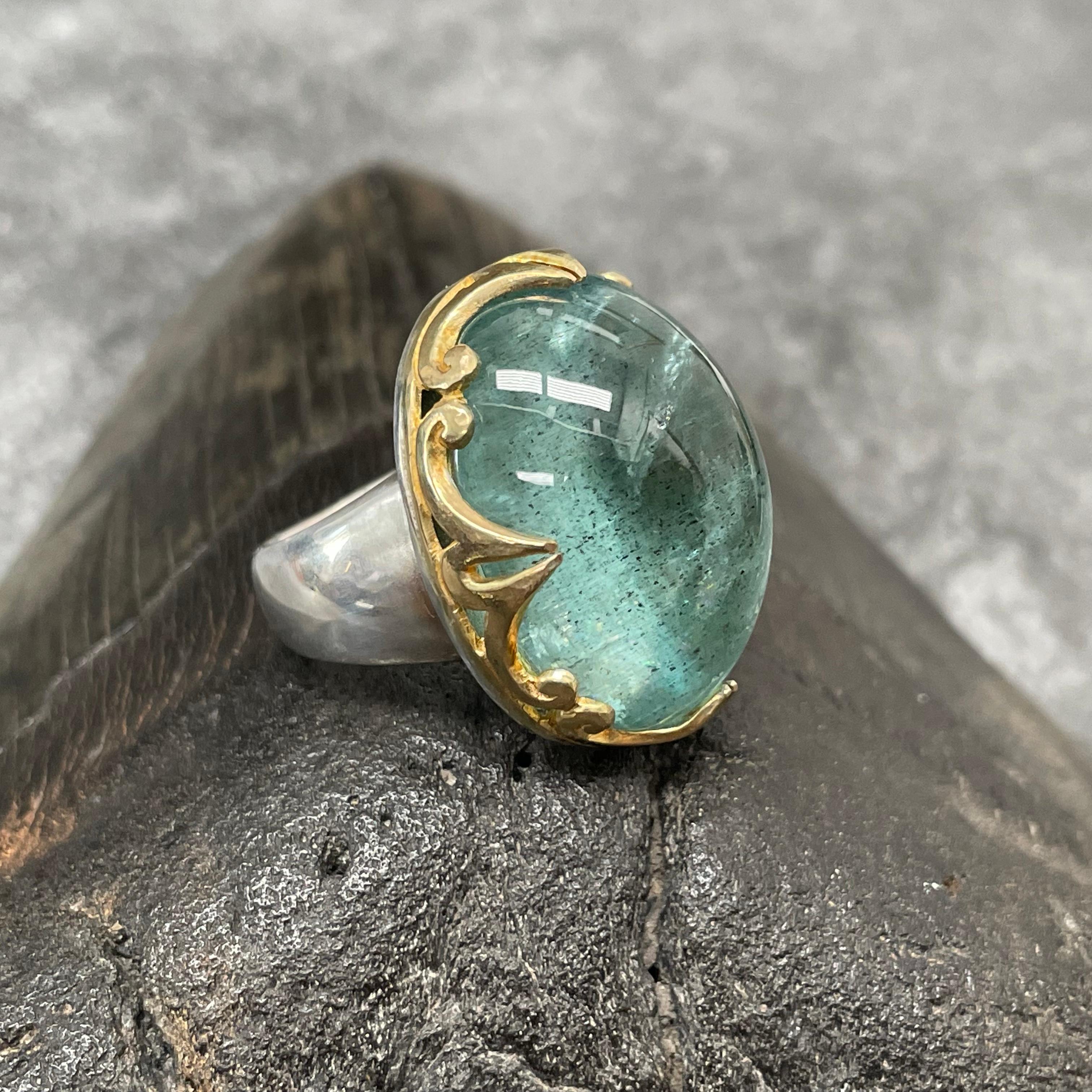 35.3 Carats Cabochon Aquamarine 18k Gold Silver Ring For Sale 2