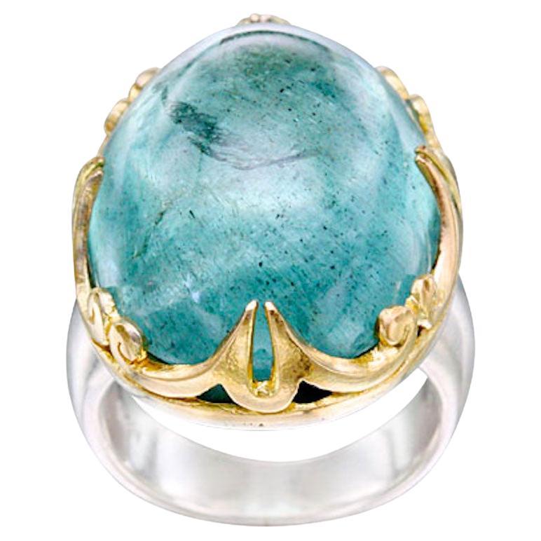 35.3 Carats Cabochon Aquamarine 18k Gold Silver Ring For Sale