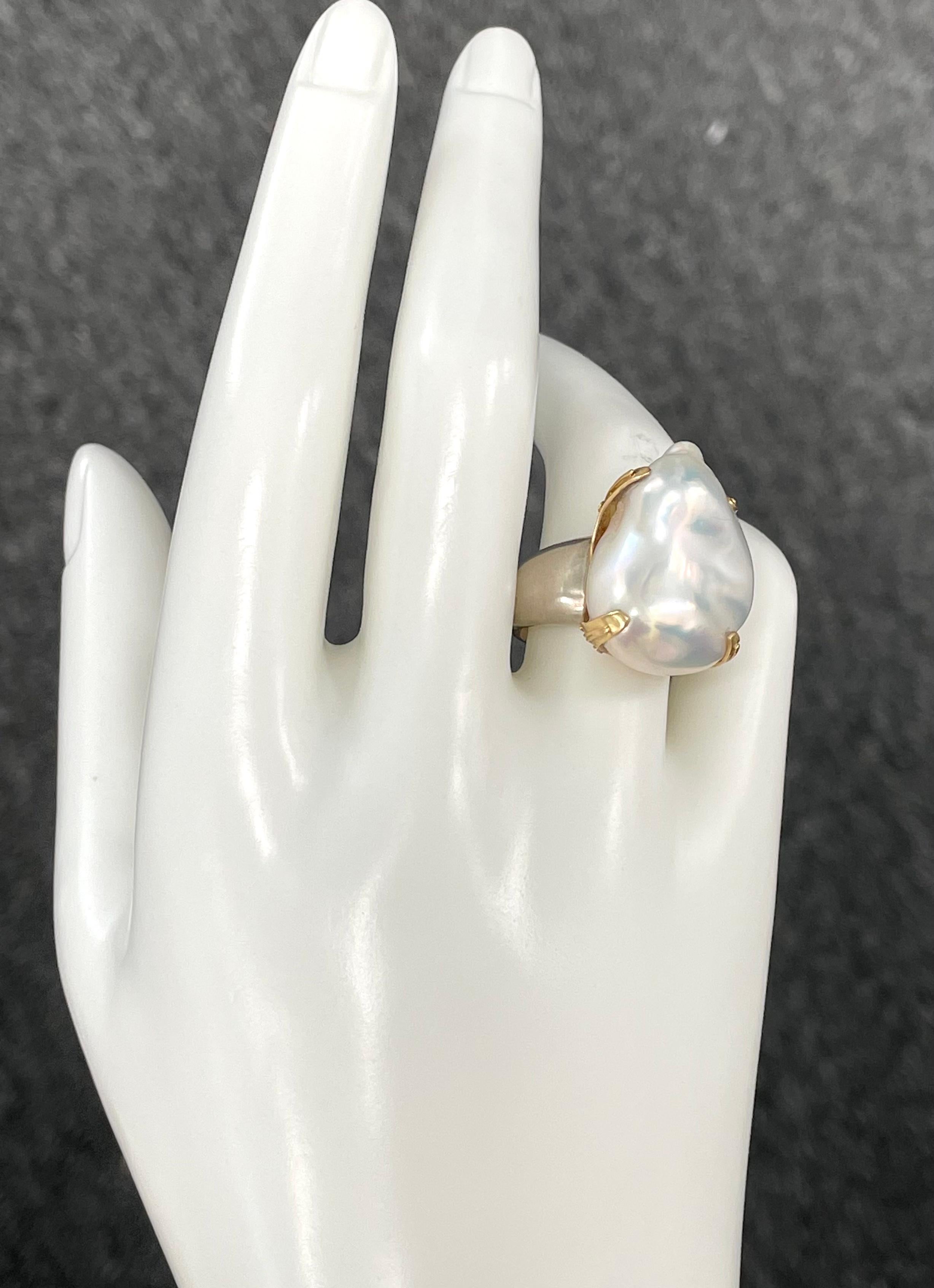 Steven Battelle 37 Carat Pearl Gold Bezel Silver Shank Ring For Sale 5