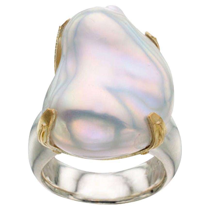 Steven Battelle 37 Carat Pearl Gold Bezel Silver Shank Ring For Sale