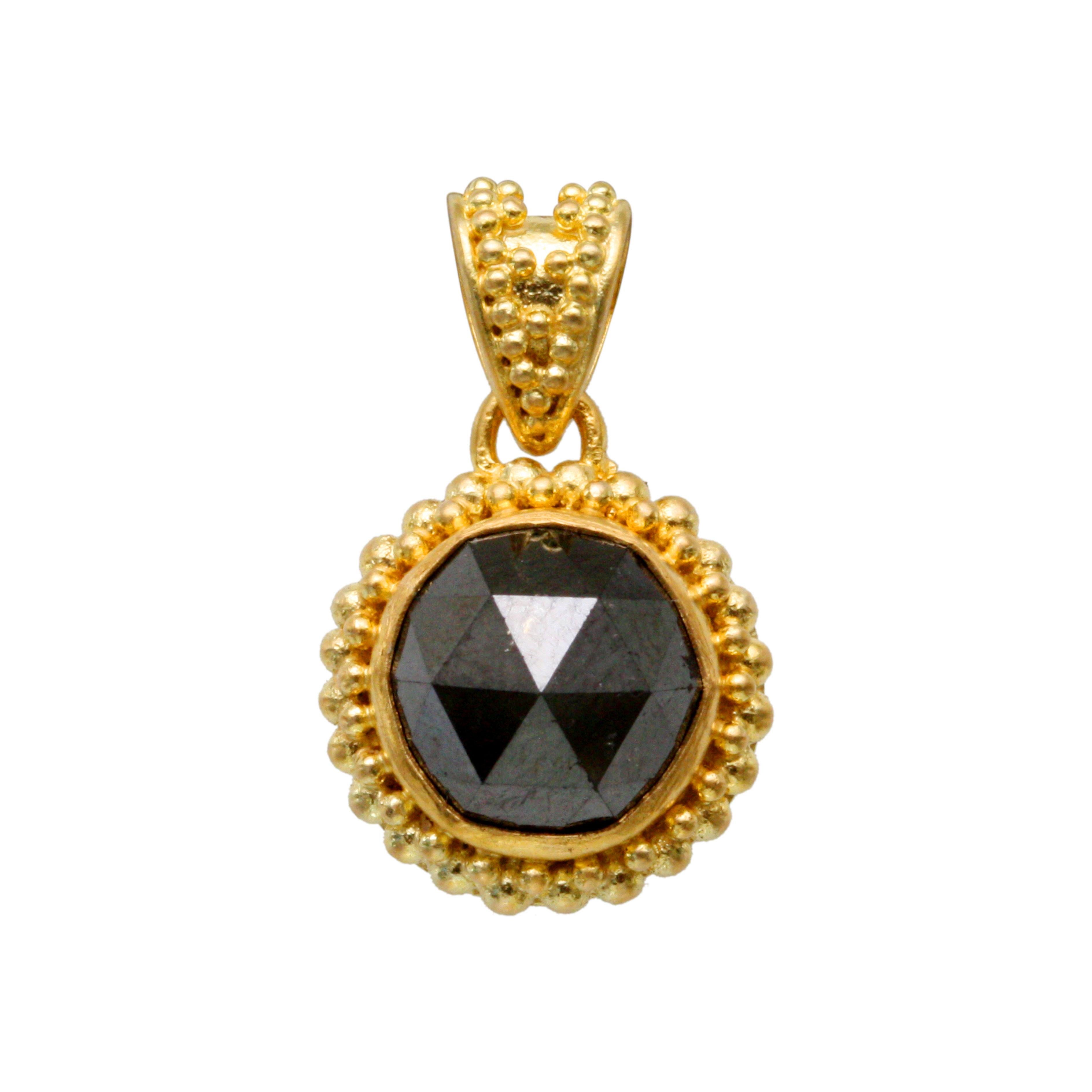 Taille rose Steven Battelle Pendentif en or 22 carats granulé avec diamants noirs de 3,7 carats  en vente