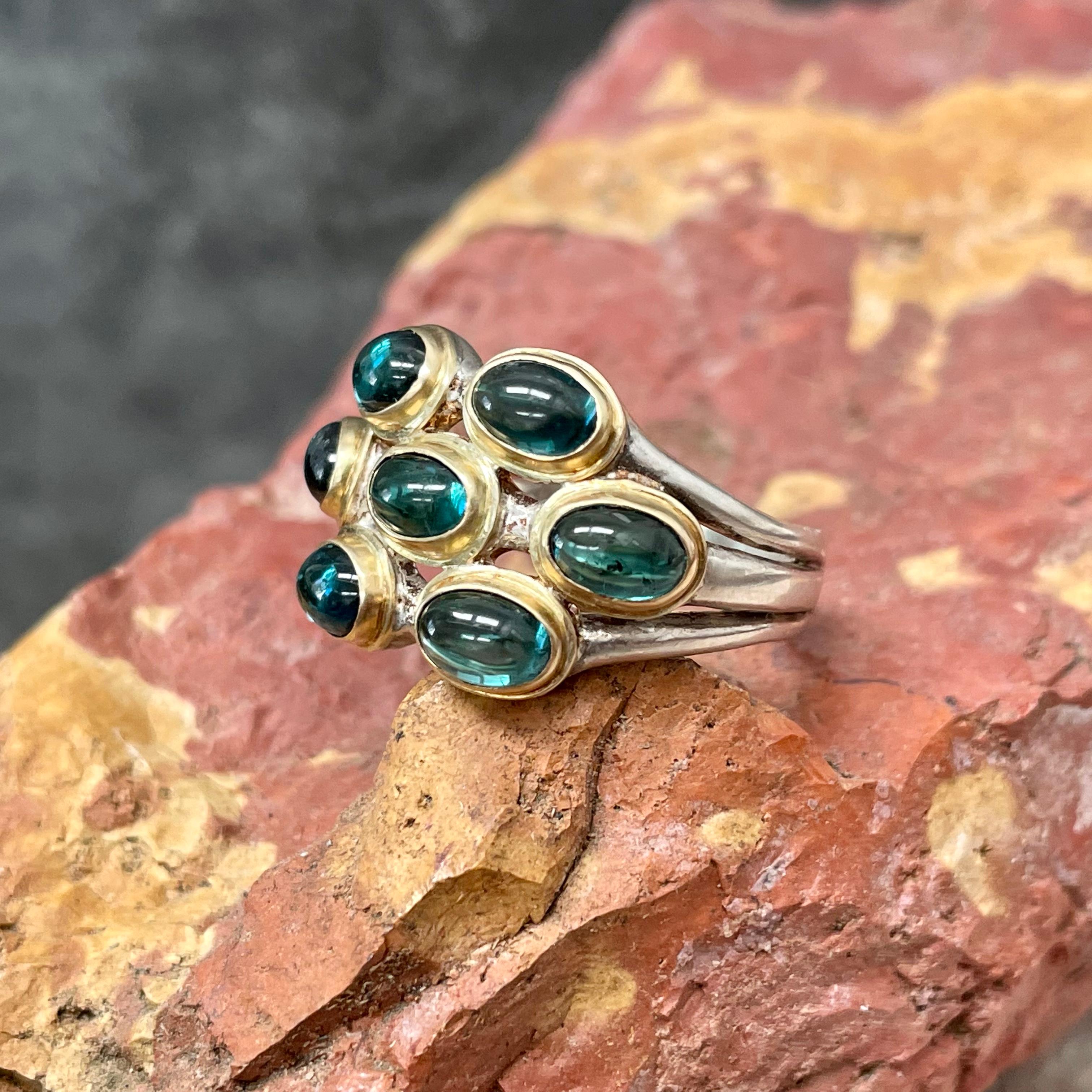 Contemporary Steven Battelle 3.7 Carats Indicolite Tourmaline 18k Gold/Sterling Silver Ring For Sale