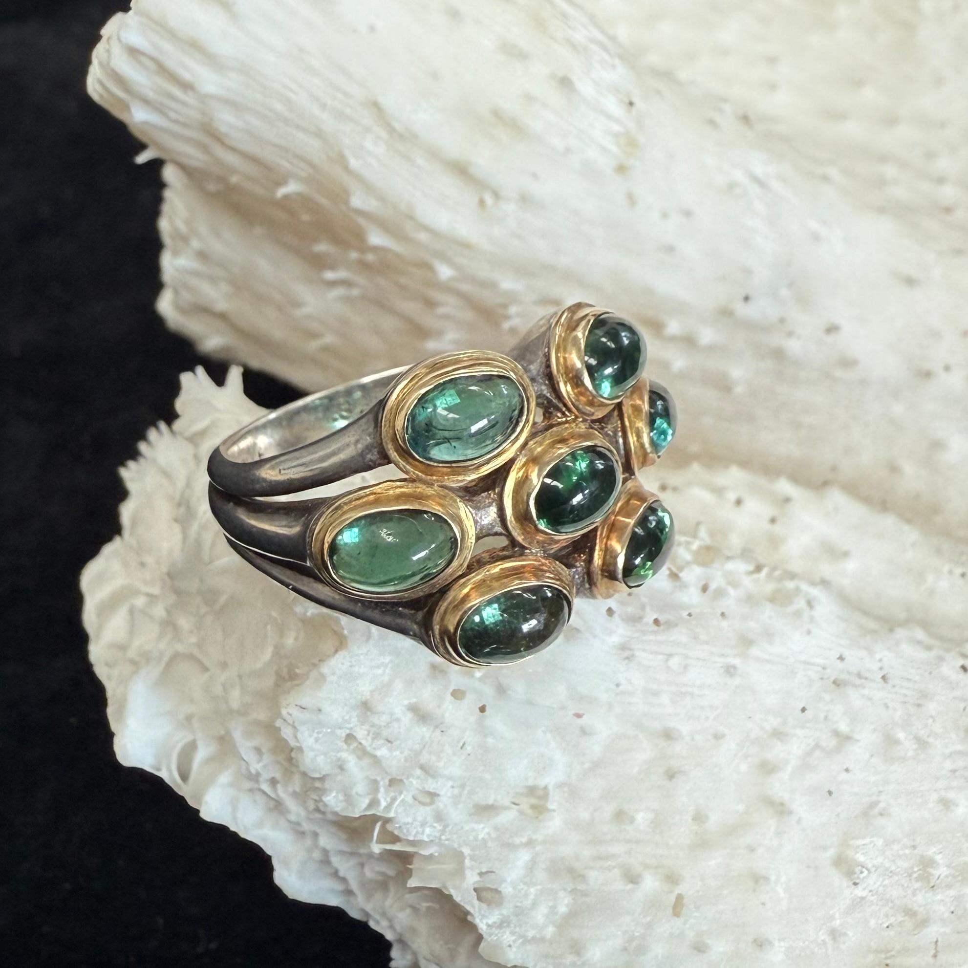 Contemporary Steven Battelle 3.8 Carats Indicolite Tourmaline Sterling/18K Gold Ring For Sale