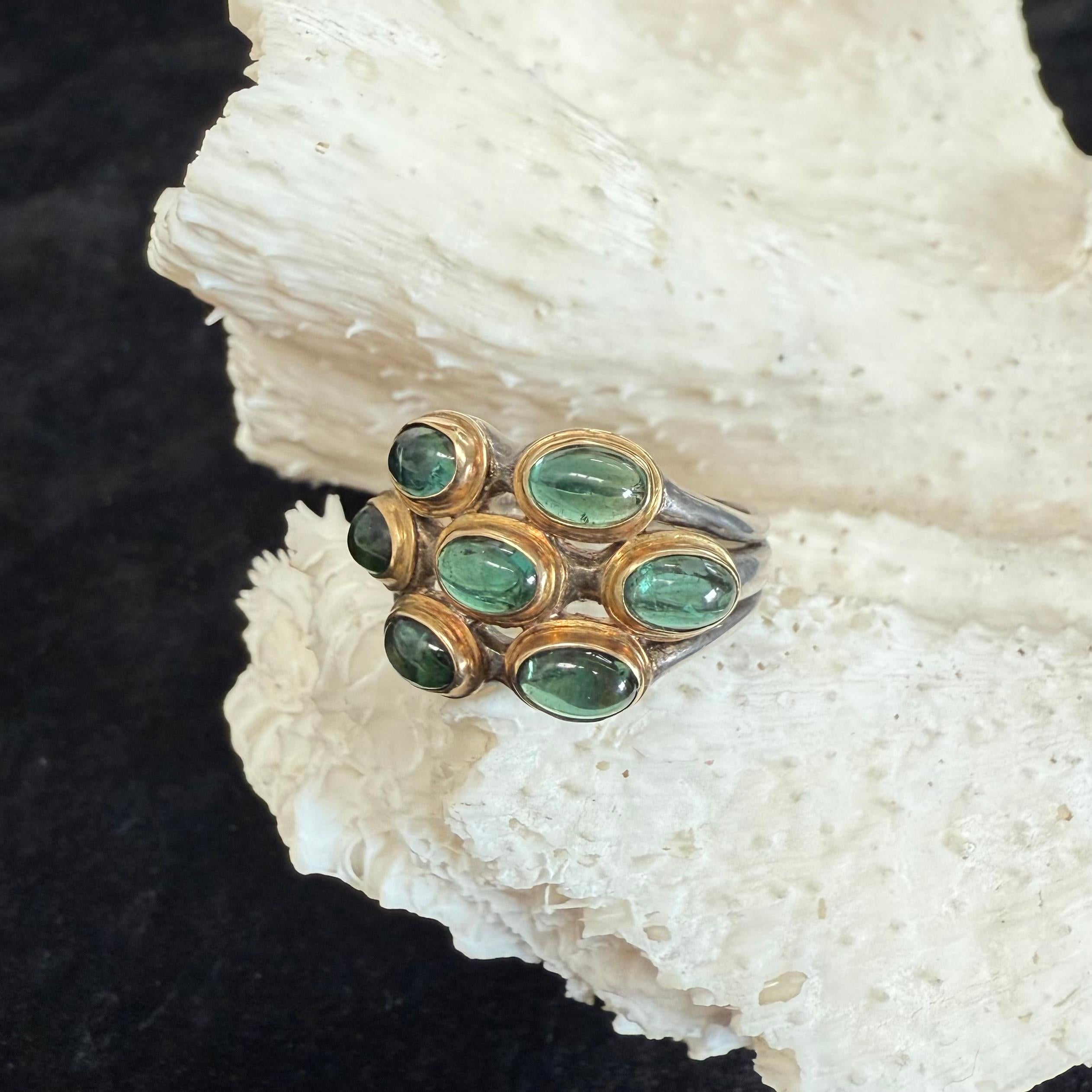 Cabochon Steven Battelle 3.8 Carats Indicolite Tourmaline Sterling/18K Gold Ring For Sale