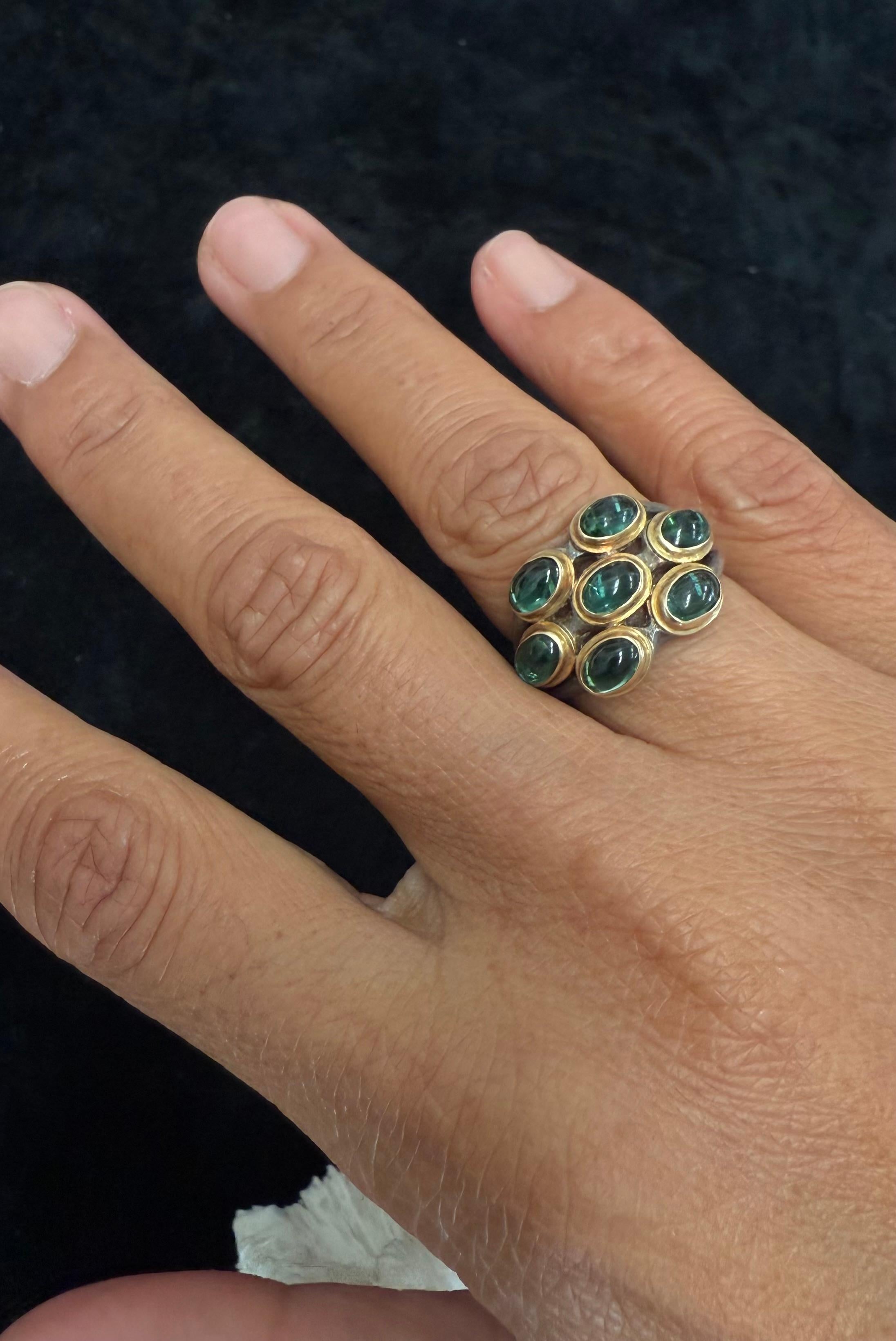 Steven Battelle 3.8 Carats Indicolite Tourmaline Sterling/18K Gold Ring In New Condition For Sale In Soquel, CA