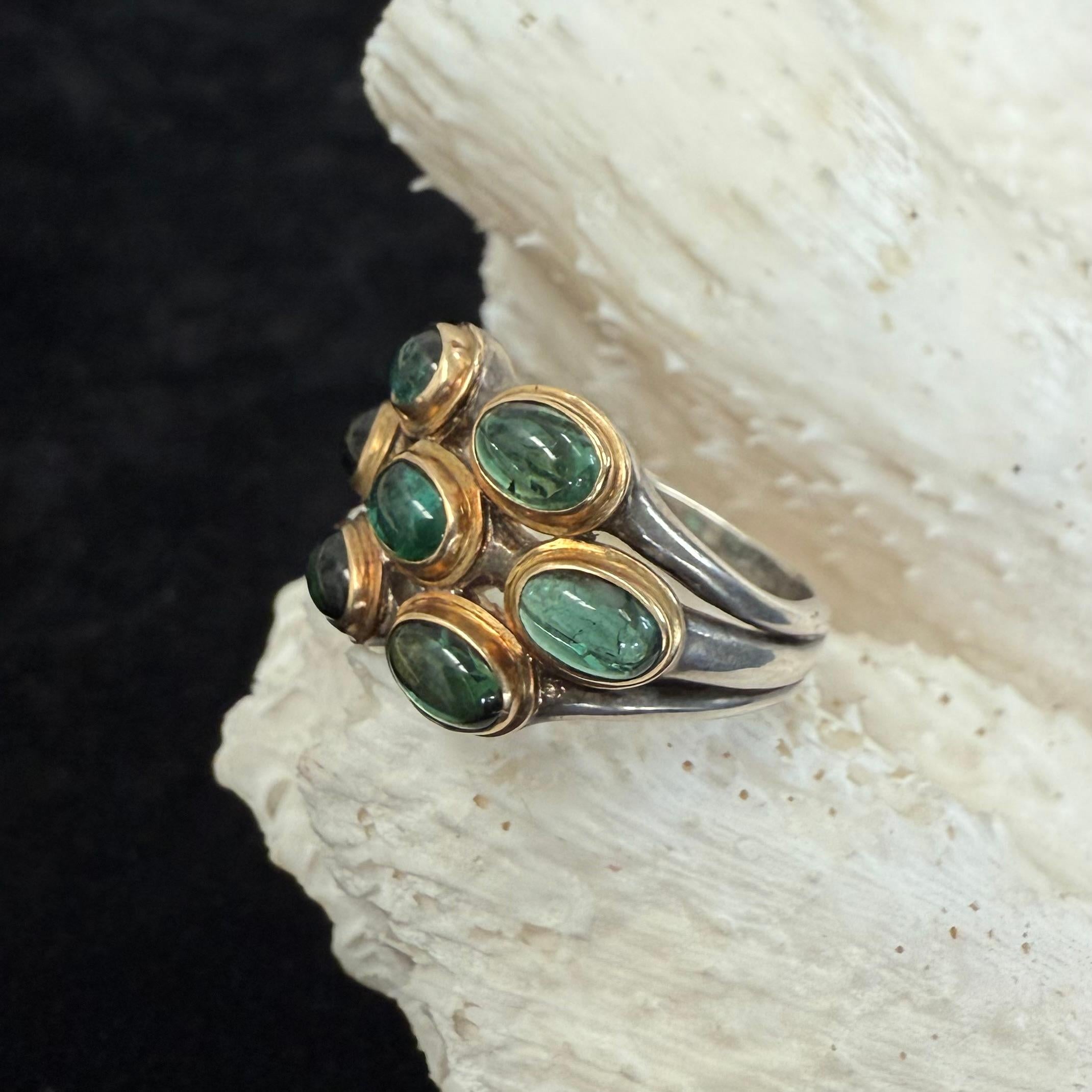 Women's or Men's Steven Battelle 3.8 Carats Indicolite Tourmaline Sterling/18K Gold Ring For Sale