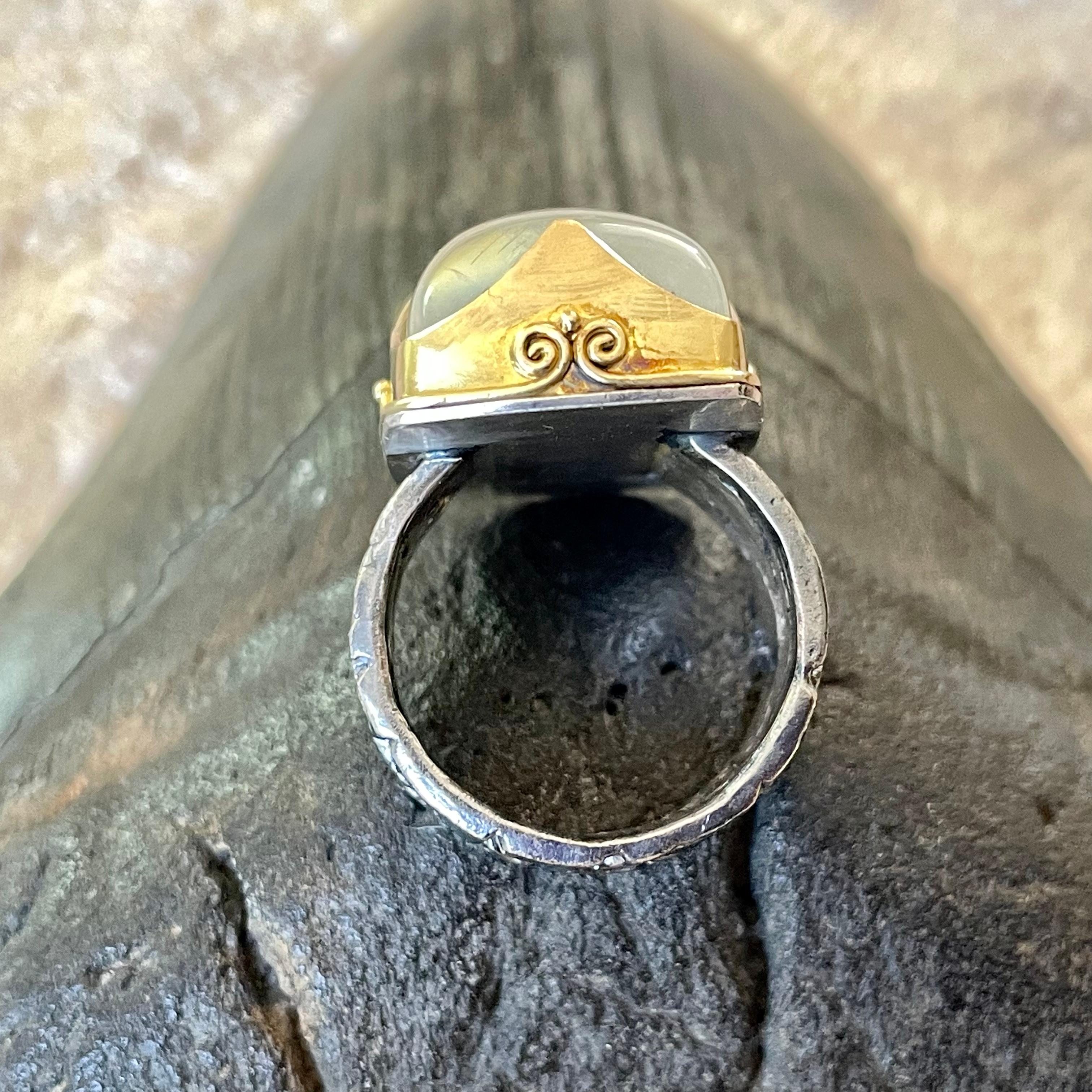 Steven Battelle 38.8 Carats Rainbow Moonstone Cabochon Gold Silver Ring In New Condition For Sale In Soquel, CA