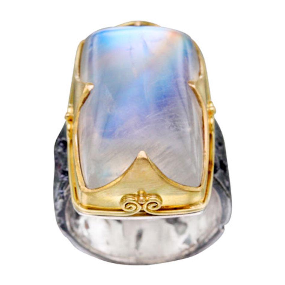 Steven Battelle 38.8 Carats Rainbow Moonstone Cabochon Gold Silver Ring For Sale