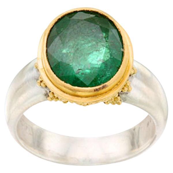 Steven Battelle 3.9 Carats Emerald Silver Granulated 22K Gold Ring For Sale