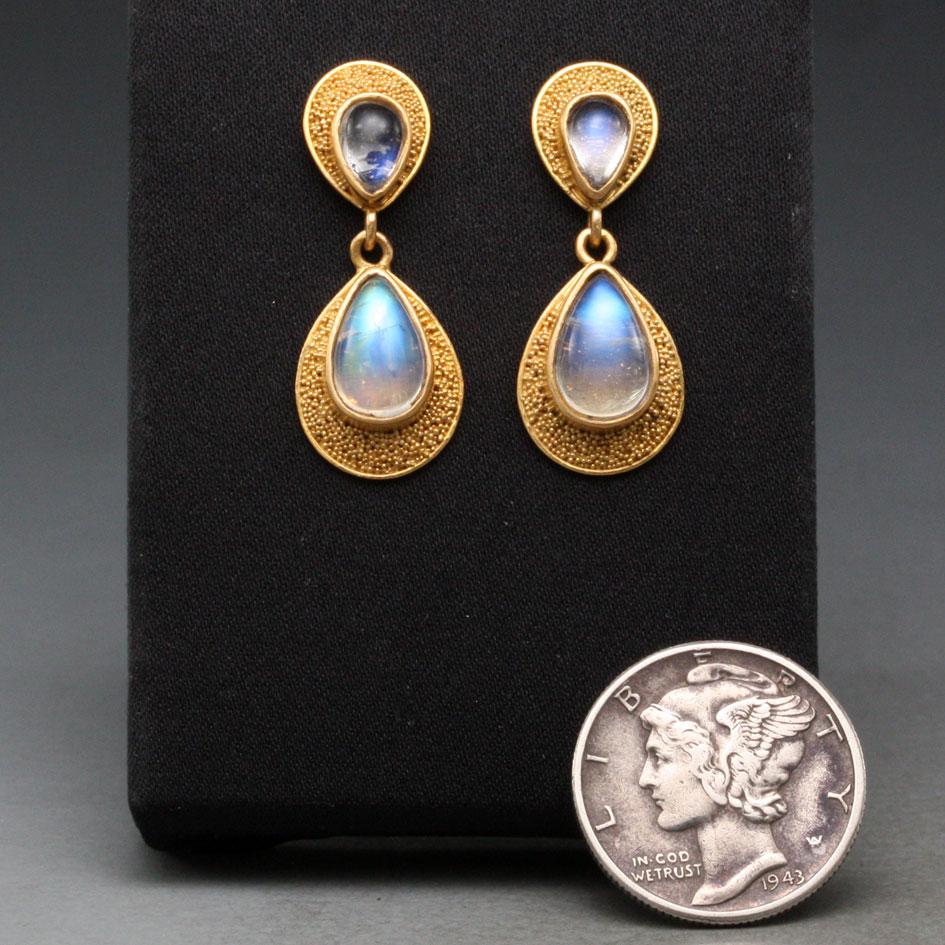 Pear Cut Steven Battelle 3.9 Carats Rainbow Moonstone 22K Gold Post Earrings For Sale