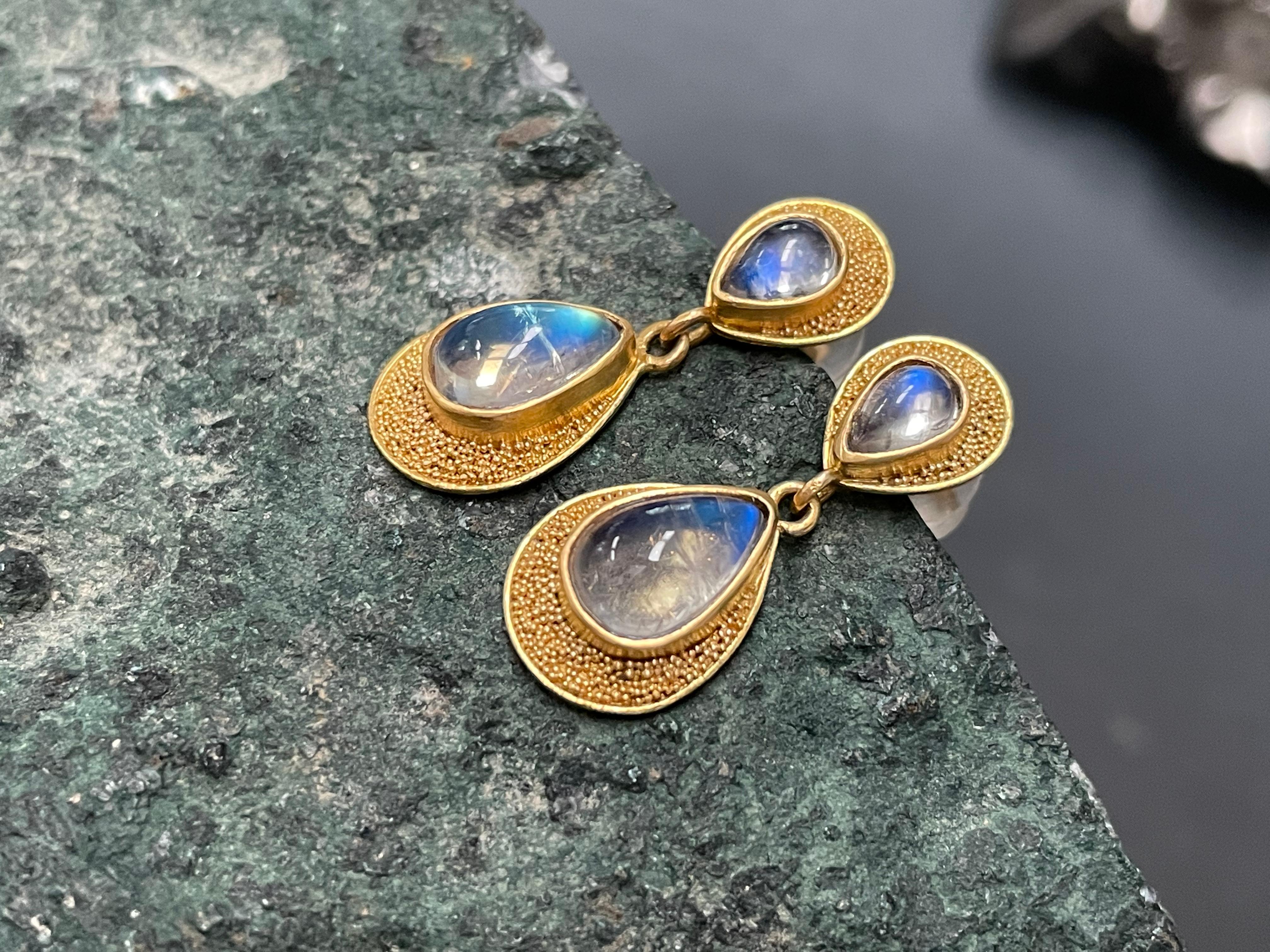 Steven Battelle 3.9 Carats Rainbow Moonstone 22K Gold Post Earrings For Sale 2