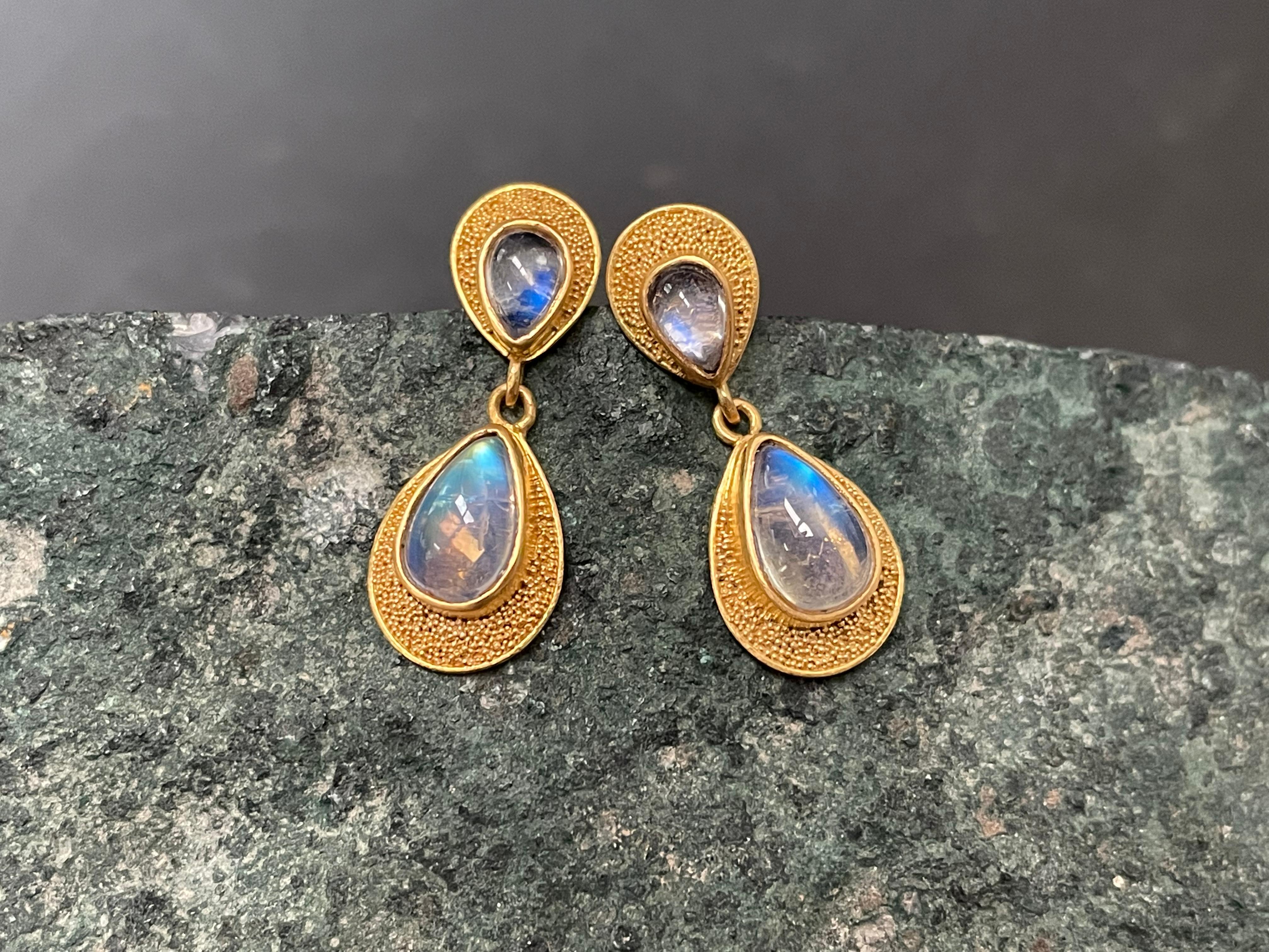 Steven Battelle 3.9 Carats Rainbow Moonstone 22K Gold Post Earrings For Sale 3
