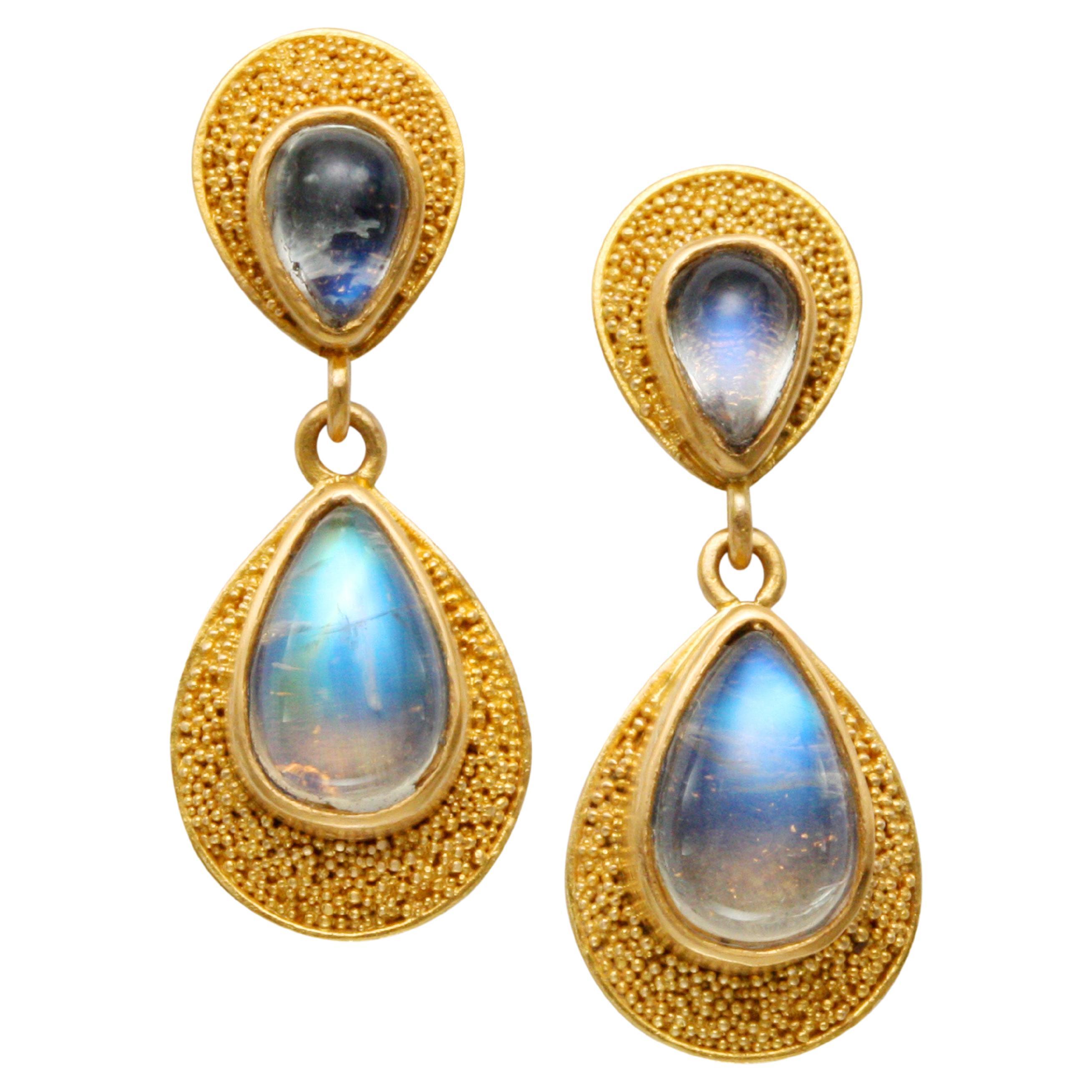 Steven Battelle 3.9 Carats Rainbow Moonstone 22K Gold Post Earrings For Sale