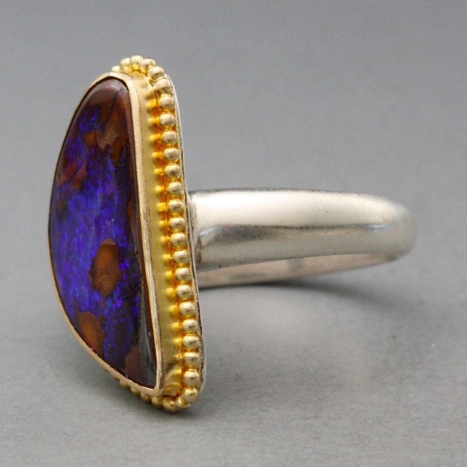 Mixed Cut Steven Battelle 4 Carats Boulder Opal Sterling 18k Gold Ring For Sale