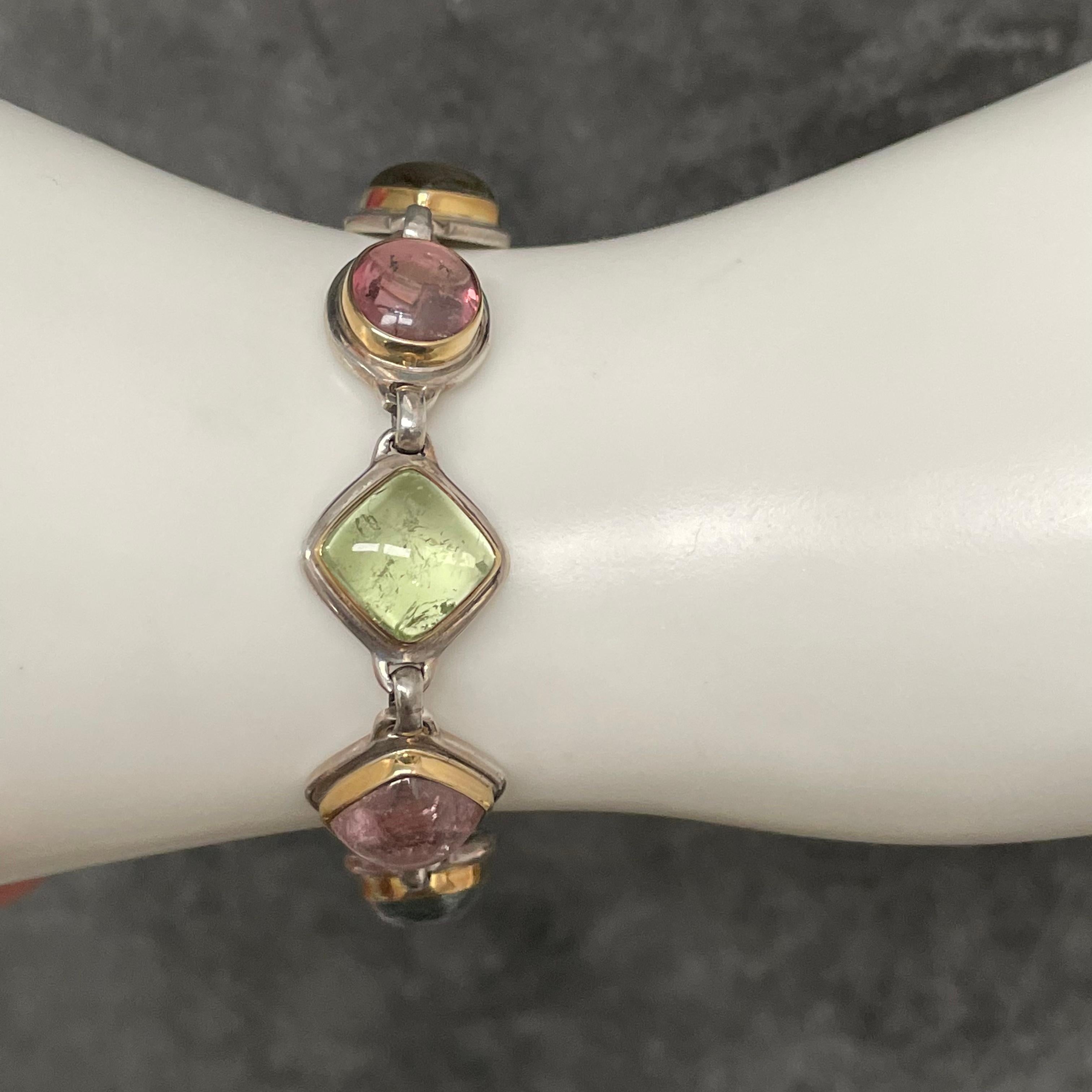 Contemporary Steven Battelle 40.5 Carats Tourmaline Silver 18K Gold Bezel Bracelet For Sale