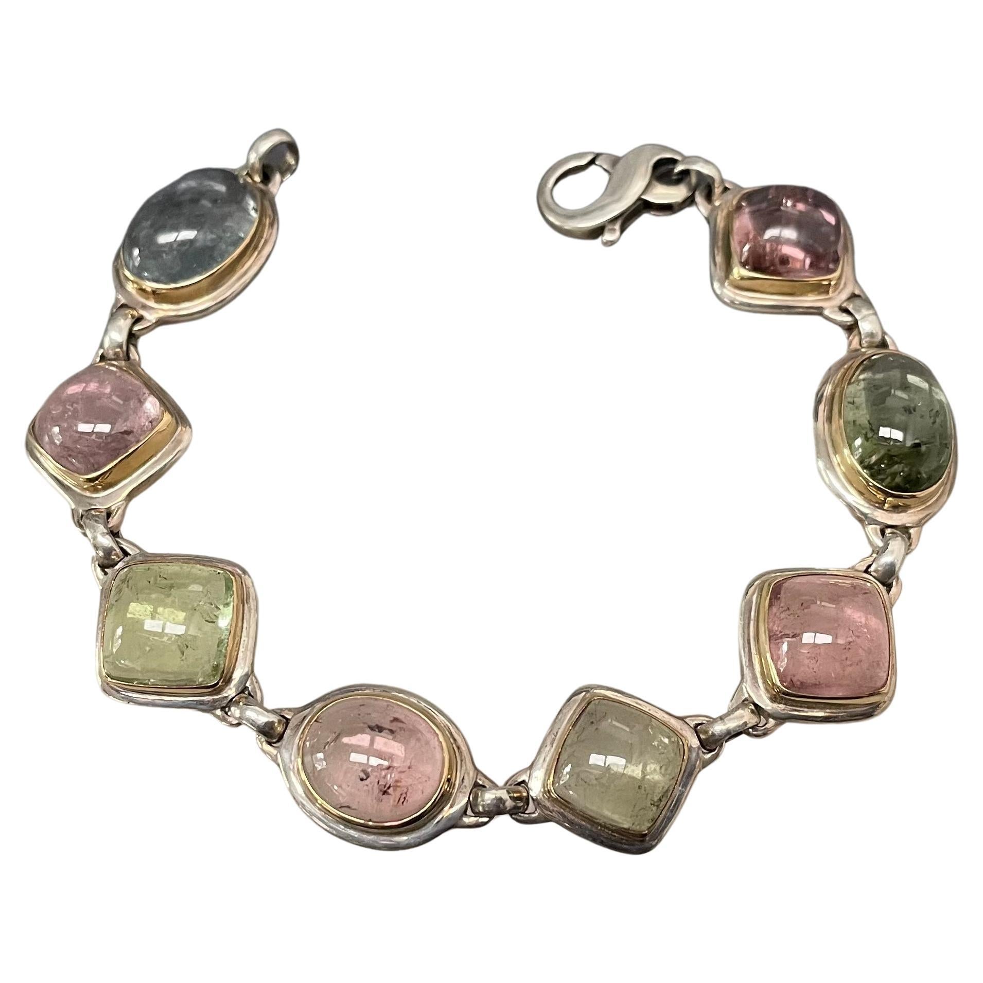 Steven Battelle 40.5 Carats Tourmaline Silver 18K Gold Bezel Bracelet For Sale