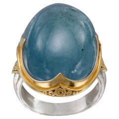 Steven Battelle, bague aigue-marine cabochon 41.3 carats en argent sterling et or 18 carats
