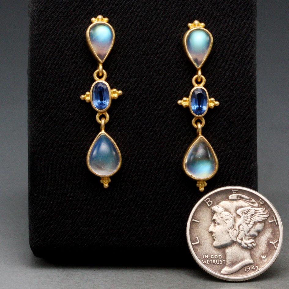 Steven Battelle 4.3 Carats Rainbow Moonstone Kyanite 18K Gold Post Earrings For Sale 2