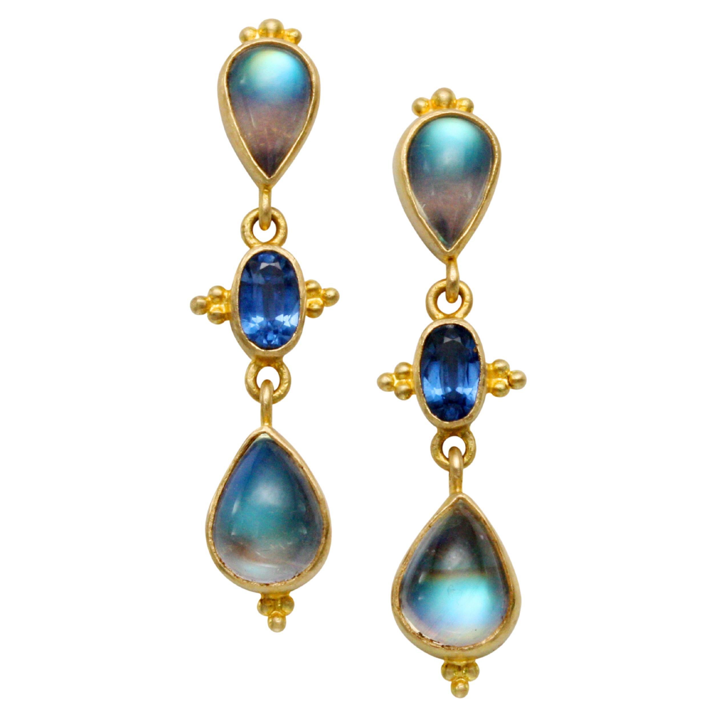 Steven Battelle 4.3 Carats Rainbow Moonstone Kyanite 18K Gold Post Earrings For Sale