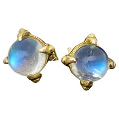 Steven Battelle 4.3 Carats Round Rainbow Moonstone 18K Gold Post Earrings