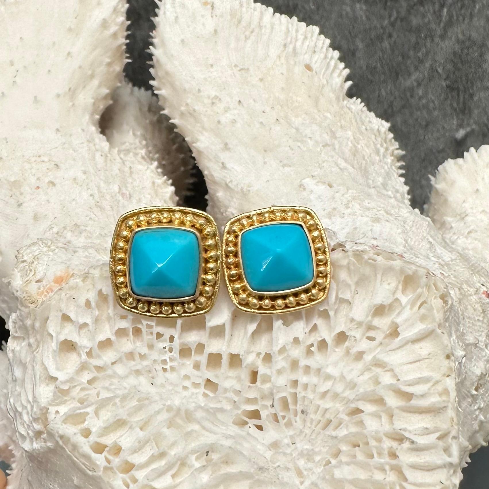 Steven Battelle 4.3 Carats Sleeping Beauty Turquoise 18K Gold Post Earrings For Sale 3