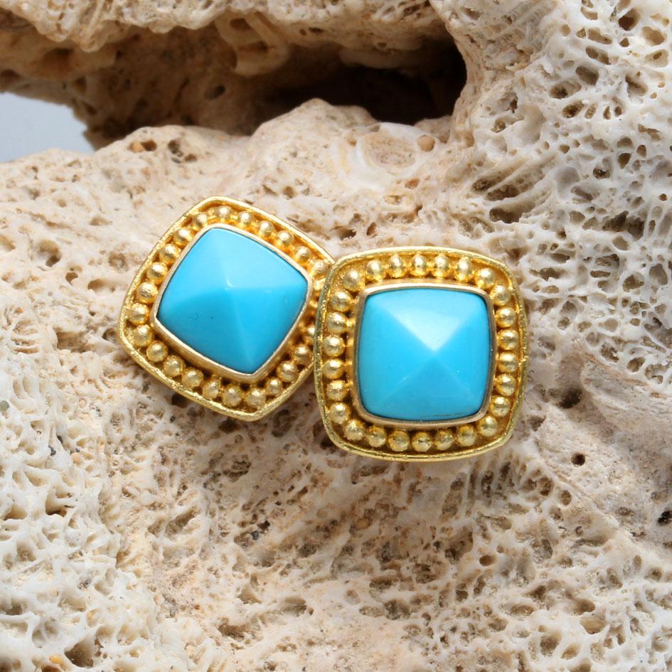 Square Cut Steven Battelle 4.3 Carats Sleeping Beauty Turquoise 18K Gold Post Earrings For Sale