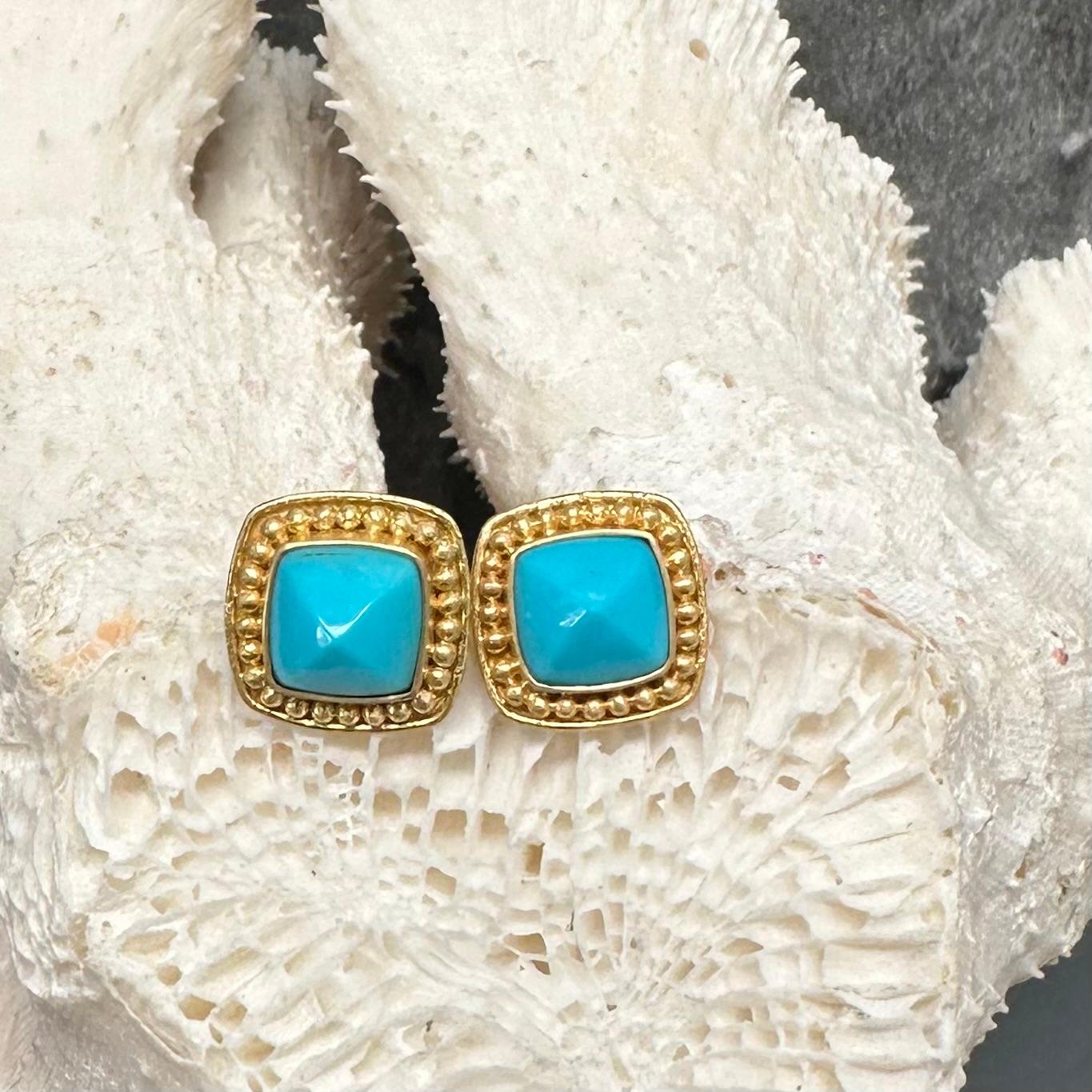 Steven Battelle 4.3 Carats Sleeping Beauty Turquoise 18K Gold Post Earrings In New Condition For Sale In Soquel, CA