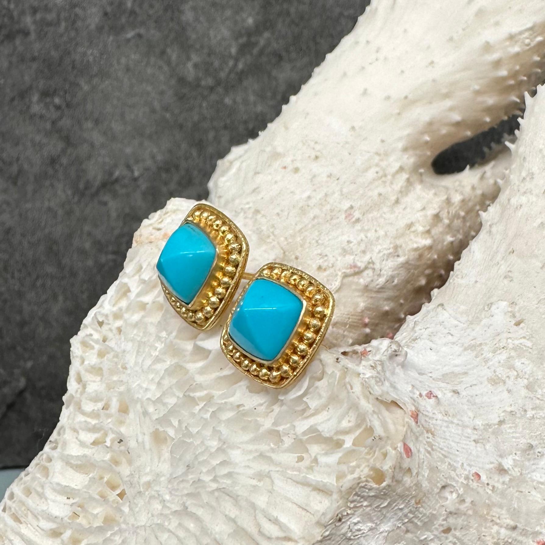 Steven Battelle 4.3 Carats Sleeping Beauty Turquoise 18K Gold Post Earrings For Sale 1
