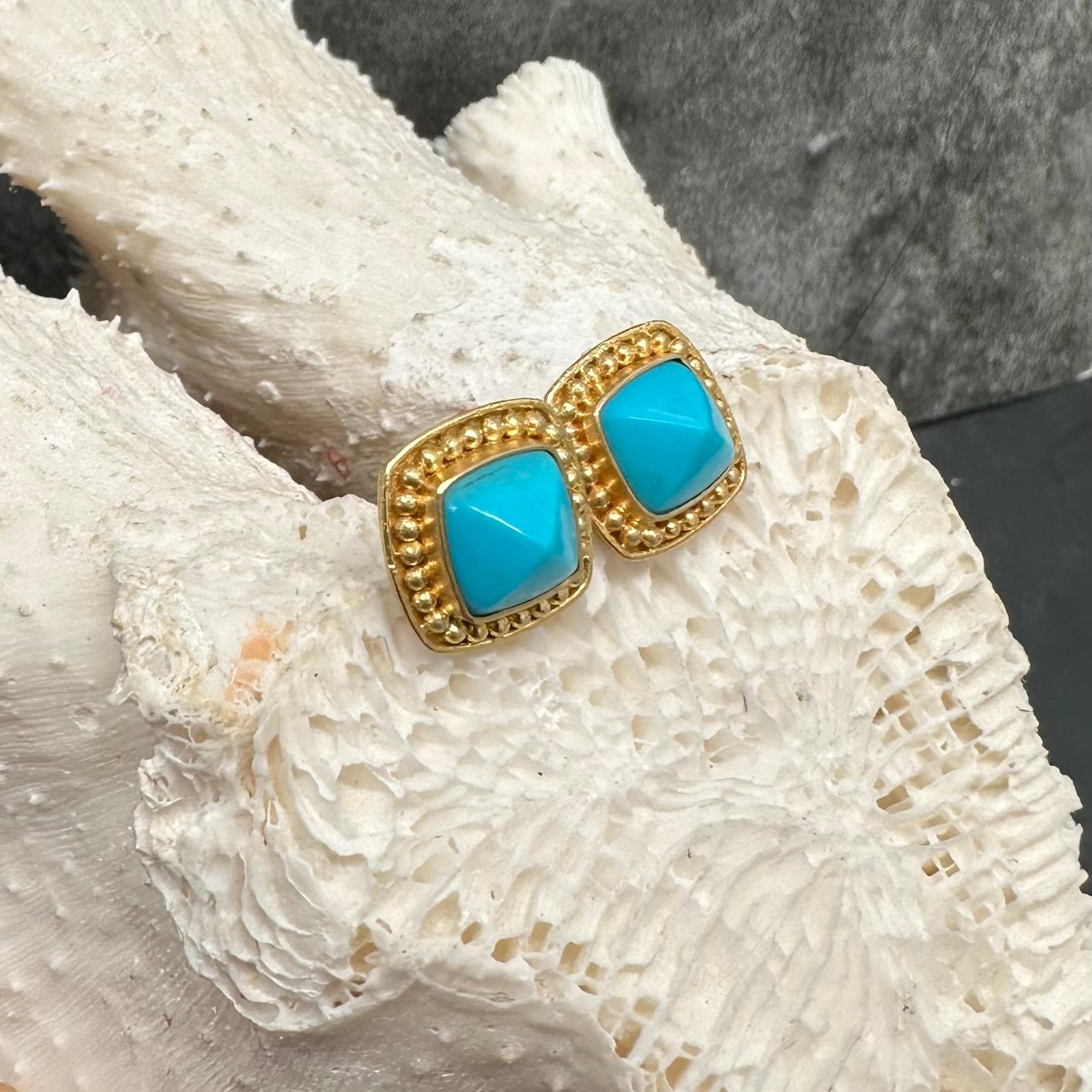 Steven Battelle 4.3 Carats Sleeping Beauty Turquoise 18K Gold Post Earrings For Sale 2