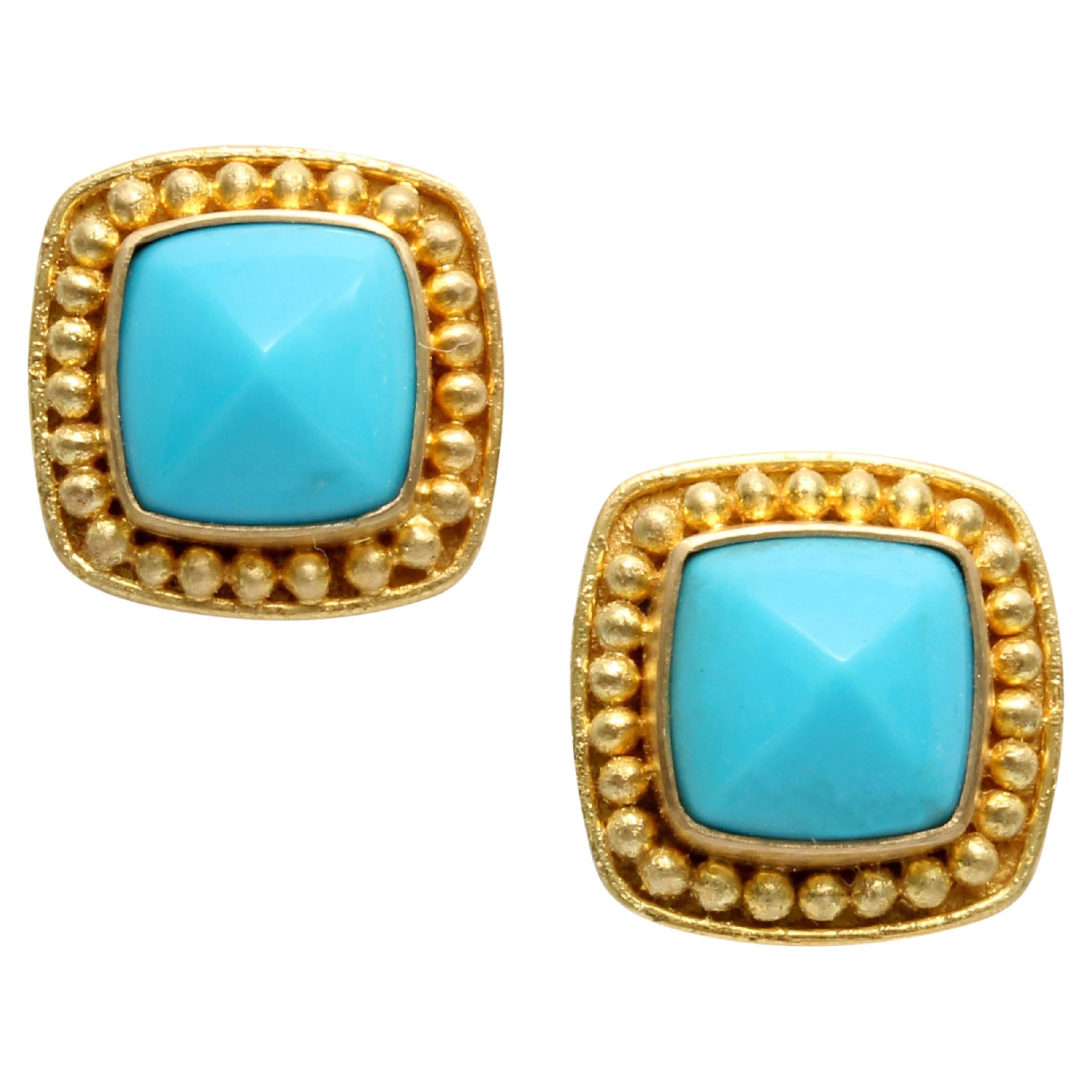 Steven Battelle 4.3 Carats Sleeping Beauty Turquoise 18K Gold Post Earrings For Sale