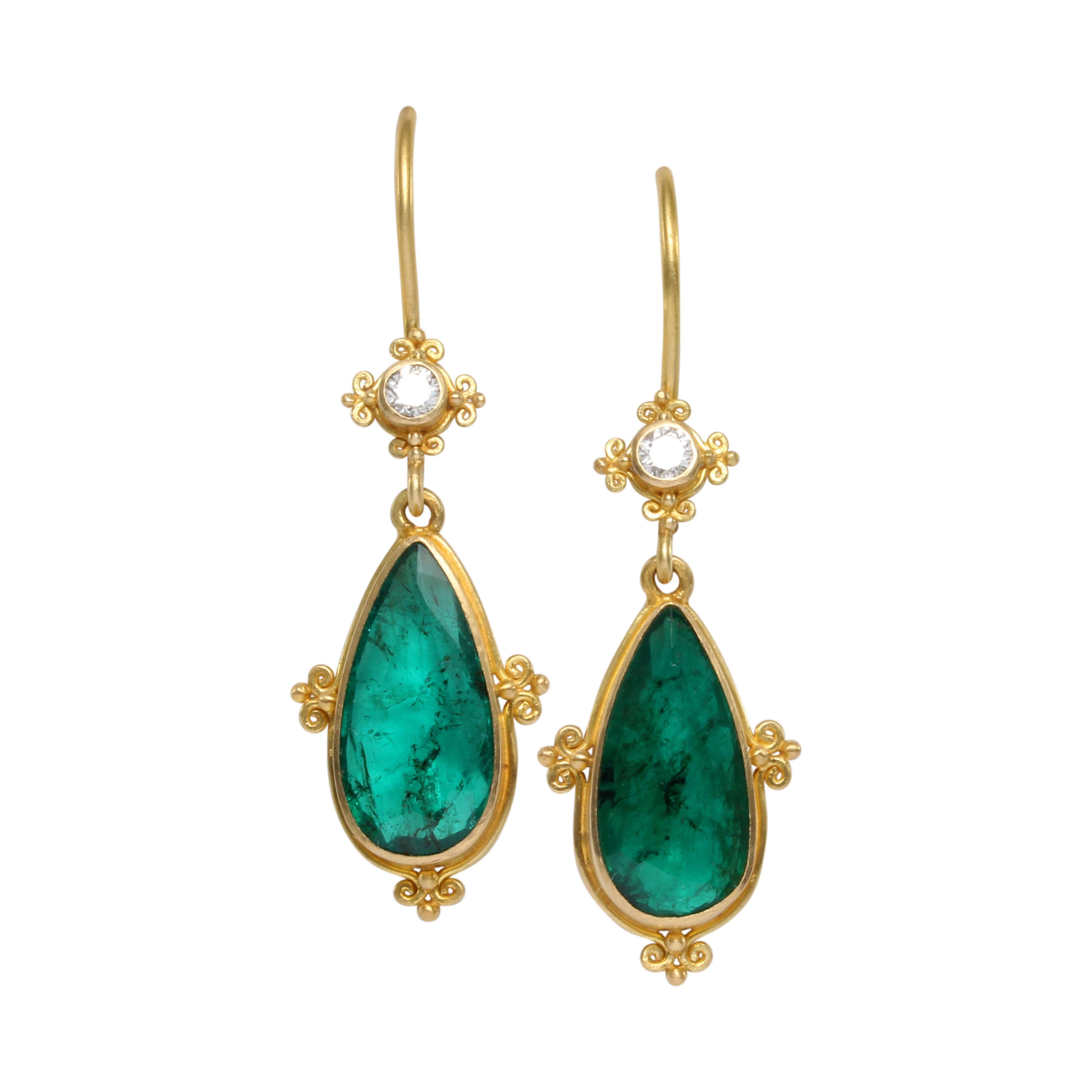 Rose Cut Steven Battelle 4.4 Carats Emerald Diamond 18K Gold Earrings For Sale