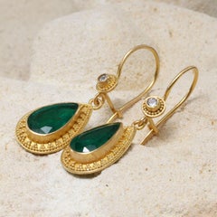 Steven Battelle 4.4 Carats Emerald Diamond Granulated 22K Gold Earrings