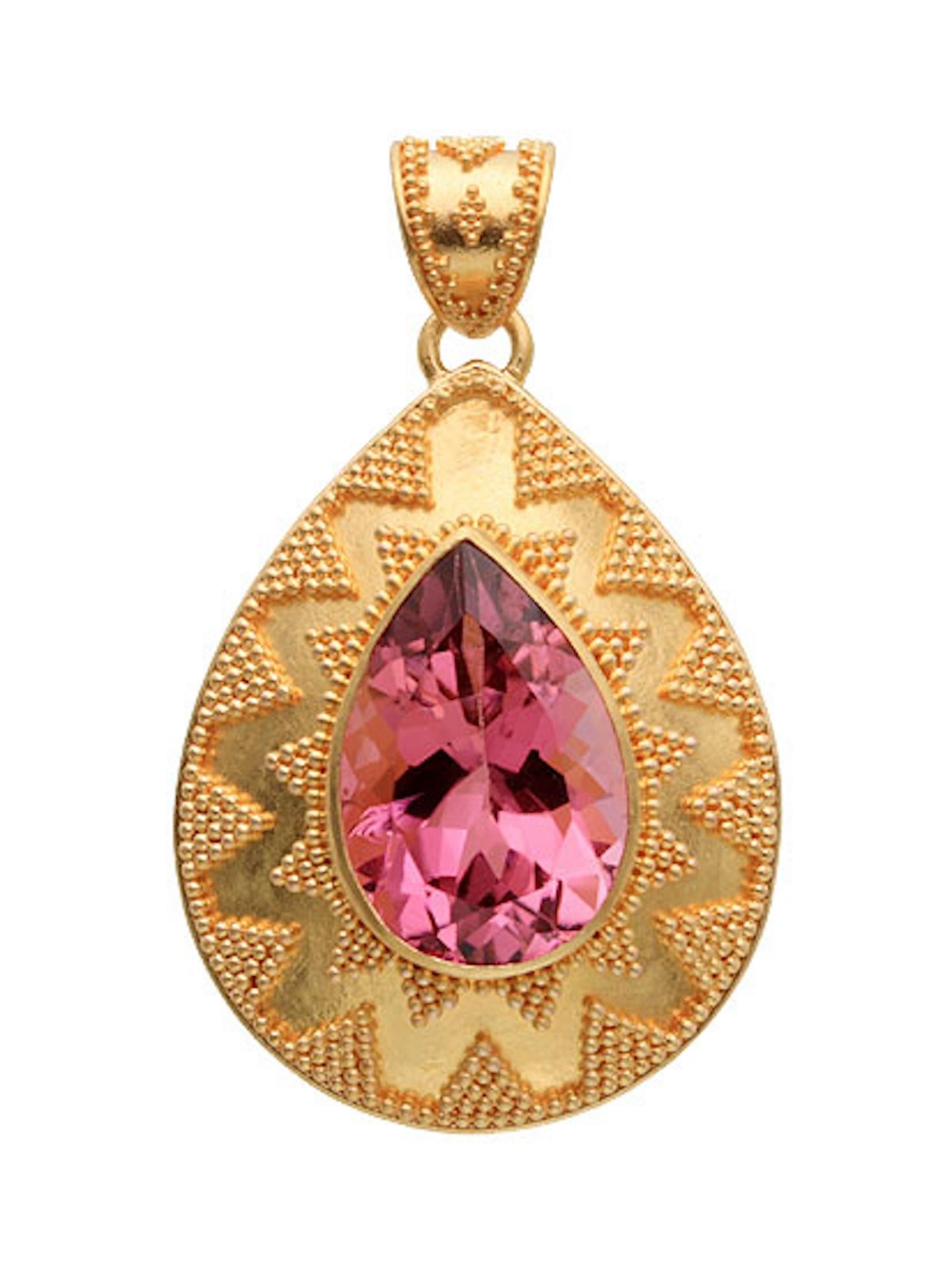 Femenino o masculino Steven Battelle 4.4 Carats Pink Tourmaline 18K Gold Pendant en venta